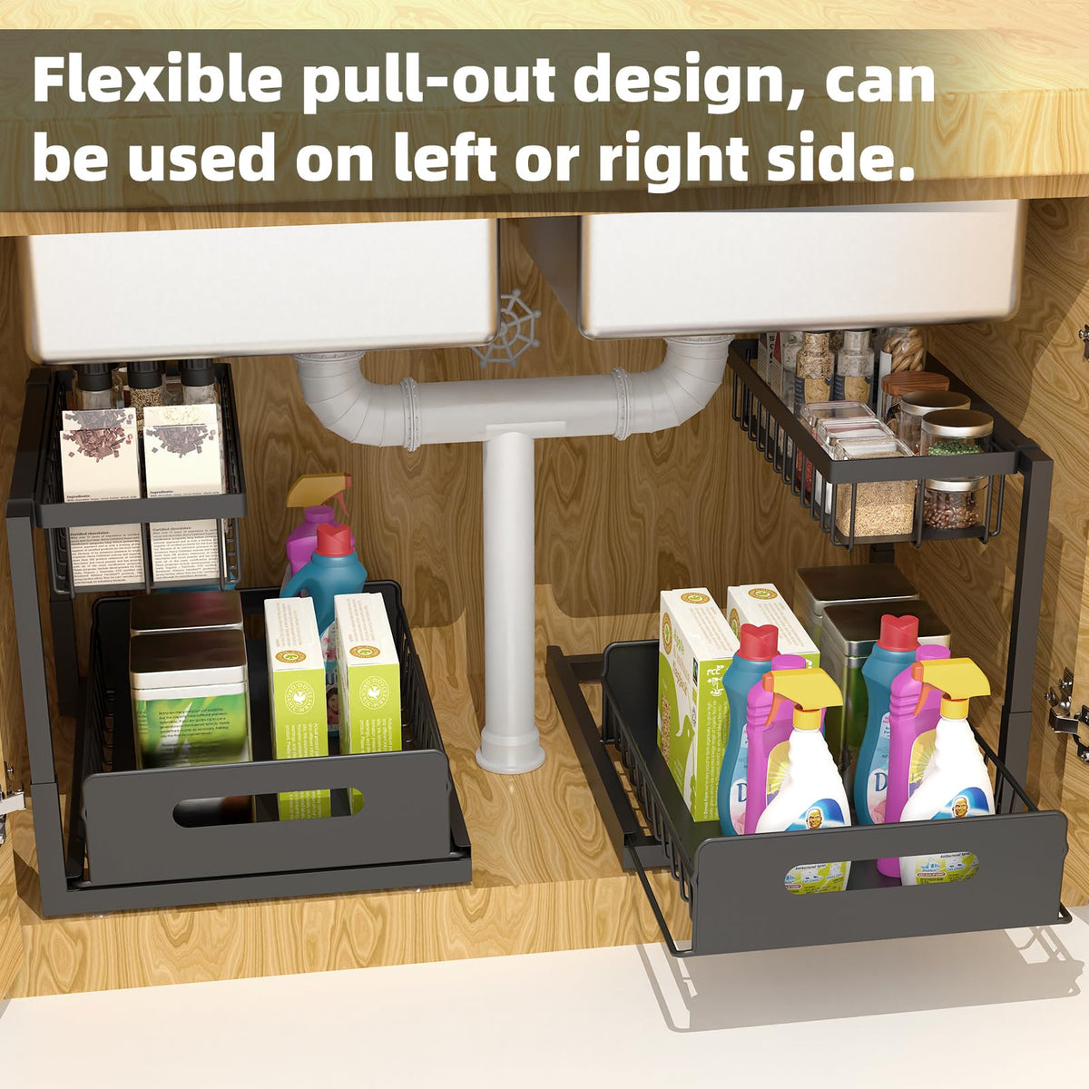 Under Sink Organizer 2 Pack, 2 Tier Rustproof Under Cabinet Storage, Sliding Kitchen Sink Organizer for Kitchen Bathroom