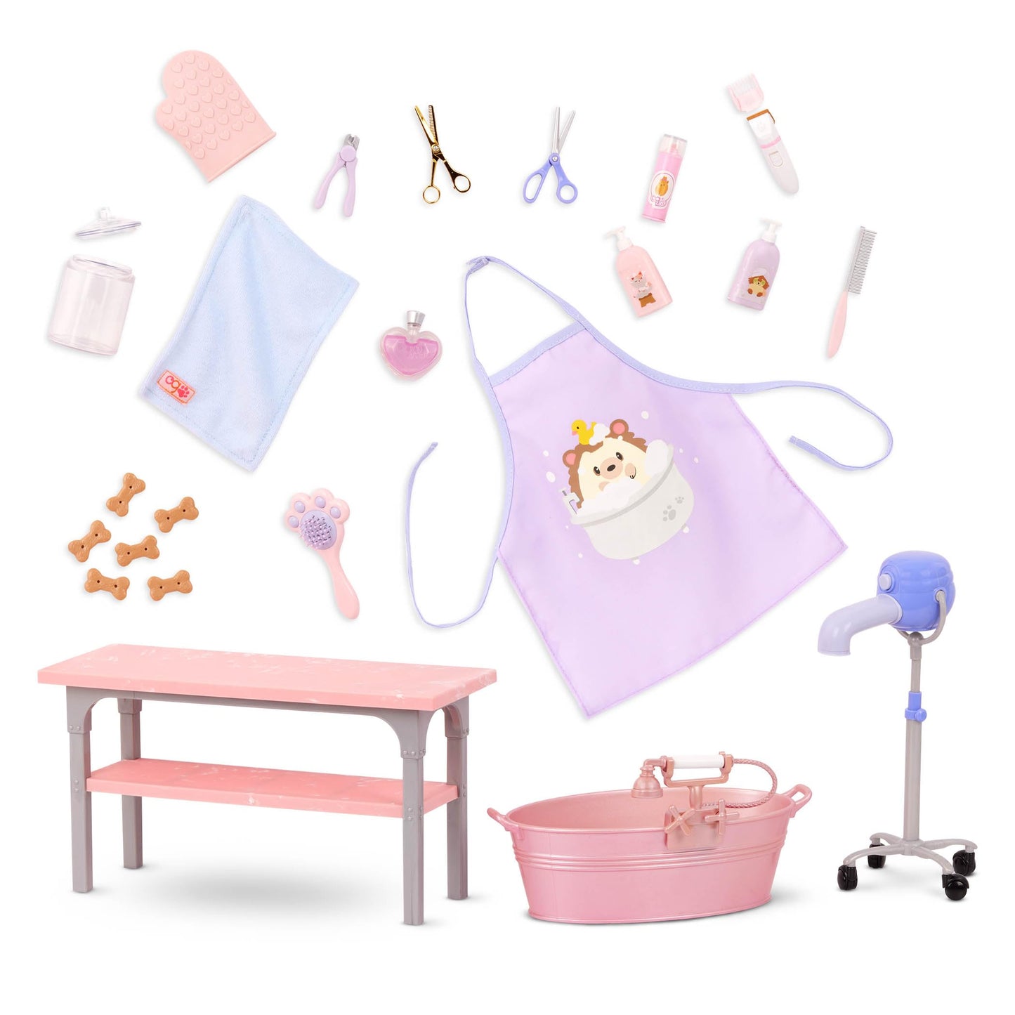 Our Generation – 18-inch Doll Accessories – Bathtub & Pet Care Toys – Salon Table, Apron & Hair Dryer – Pretend Play – Kids Ages 3 Years & Older – Scrub & Style Pet Grooming Set