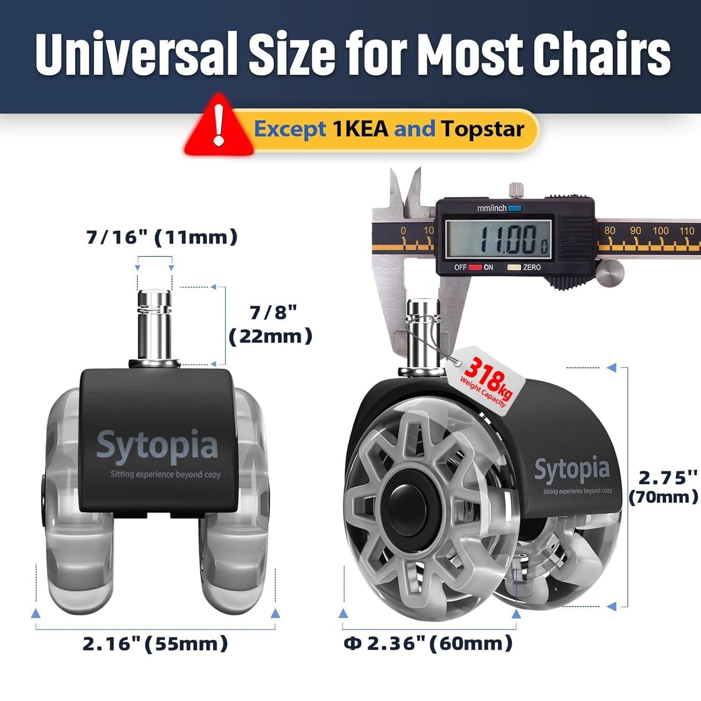 Office Chair Caster Wheels Replacement, 2.5 Inch Rubber Chair Wheels, Heavy Duty, Smooth Rolling, Quiet for Carpet and Hardwood Floors, Universal Fit 11x22mm, Not Compatible with 1KEA, Set of 5 Grey