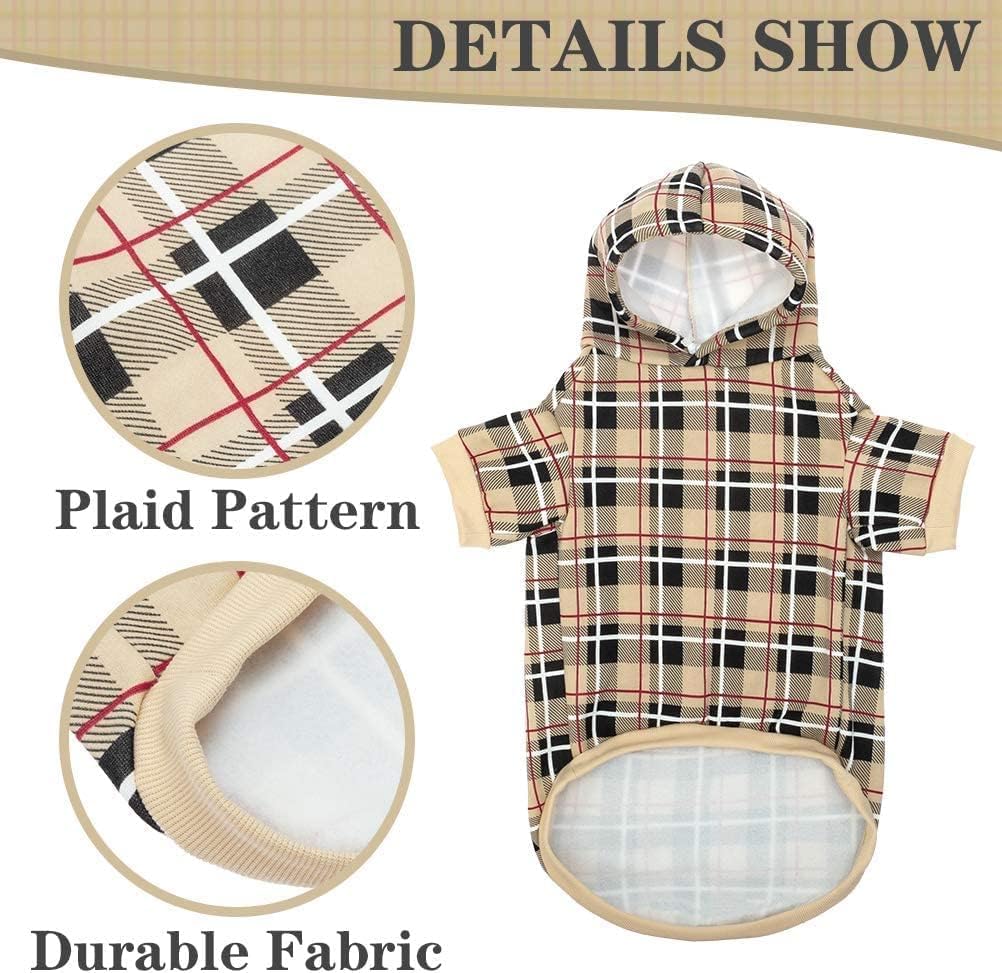 EXPAWLORER Plaid Dog Hoodie - British Style Warm Dog Sweater Shirt with Leash Hole,Pitbull Clothes Outfits,Winter Coat Apparel for All Breeds Puppy Girl Boy-Cat Apparel,Beige XL-XXLarge