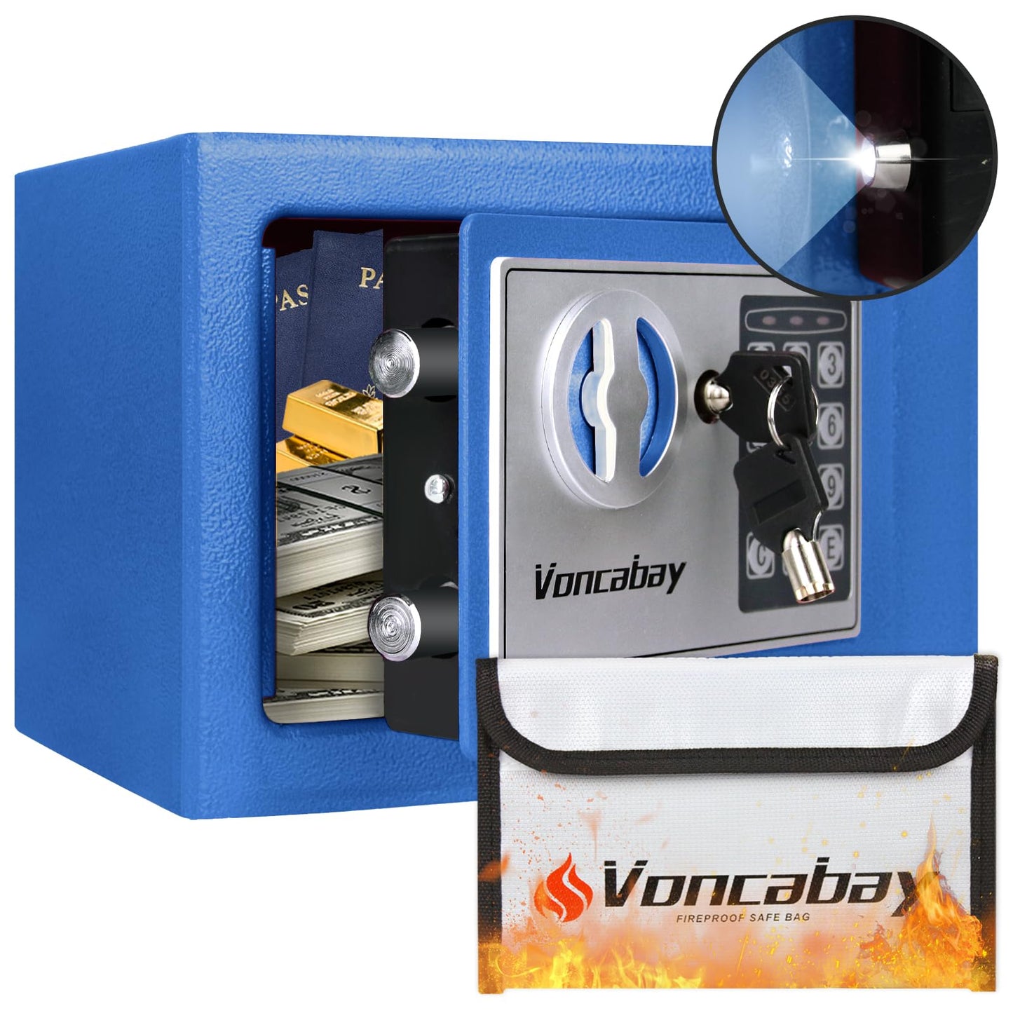 Voncabay Money Safe Box for Home with Sensor Light & Fireproof Security Safe Box for Money Safe with Keys & Pass Code, Lock Box Fireproof Safe with Digital Keypad Blue
