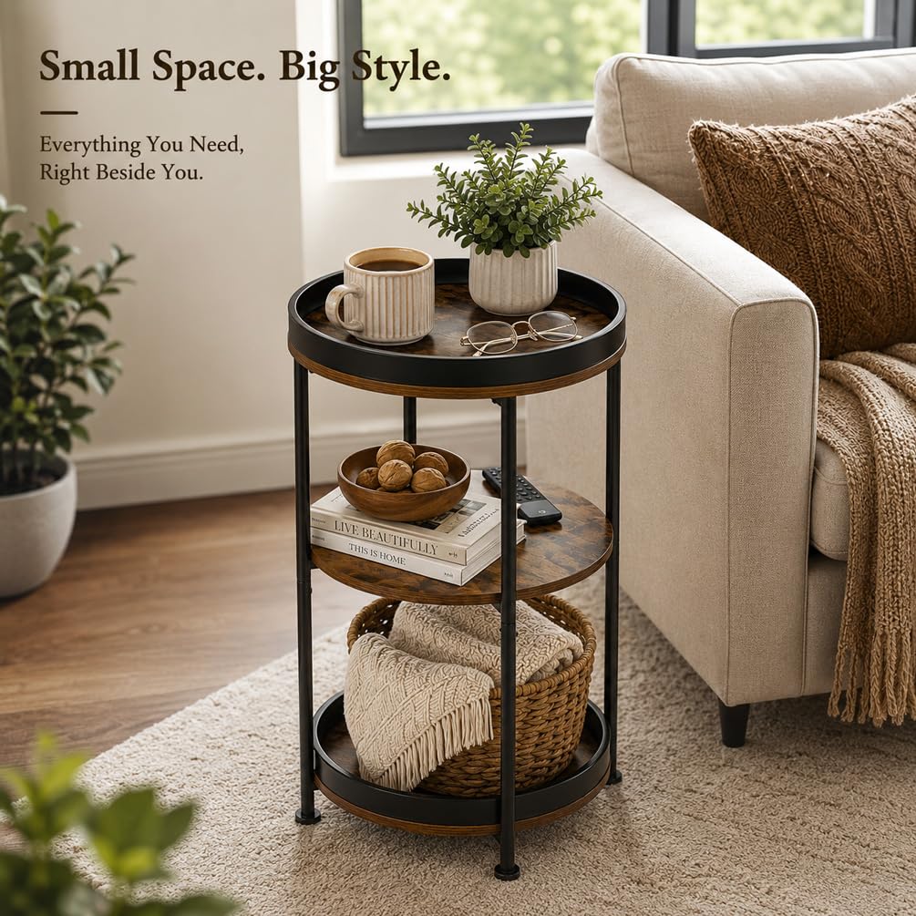 Dulcii Industrial Round End Table, 3 Tiers Round Side Table with Sturdy Metal Frame, Metal Round Sofa Table, Vintage Nightstand for Living Room Bedroom, Easy Assembly
