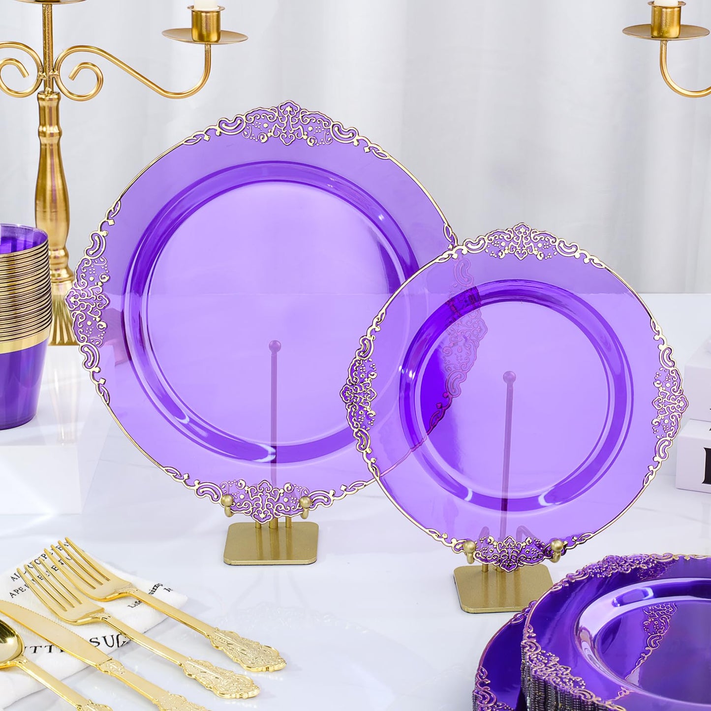 Bestluck 350 PCS Purple and Gold Plastic Plates, Disposable Dinnerware Set for 50 Guests, 100 Disposable Plates, 150 Silverwares, 50 Cups, 50 Napkins for Wedding, Party