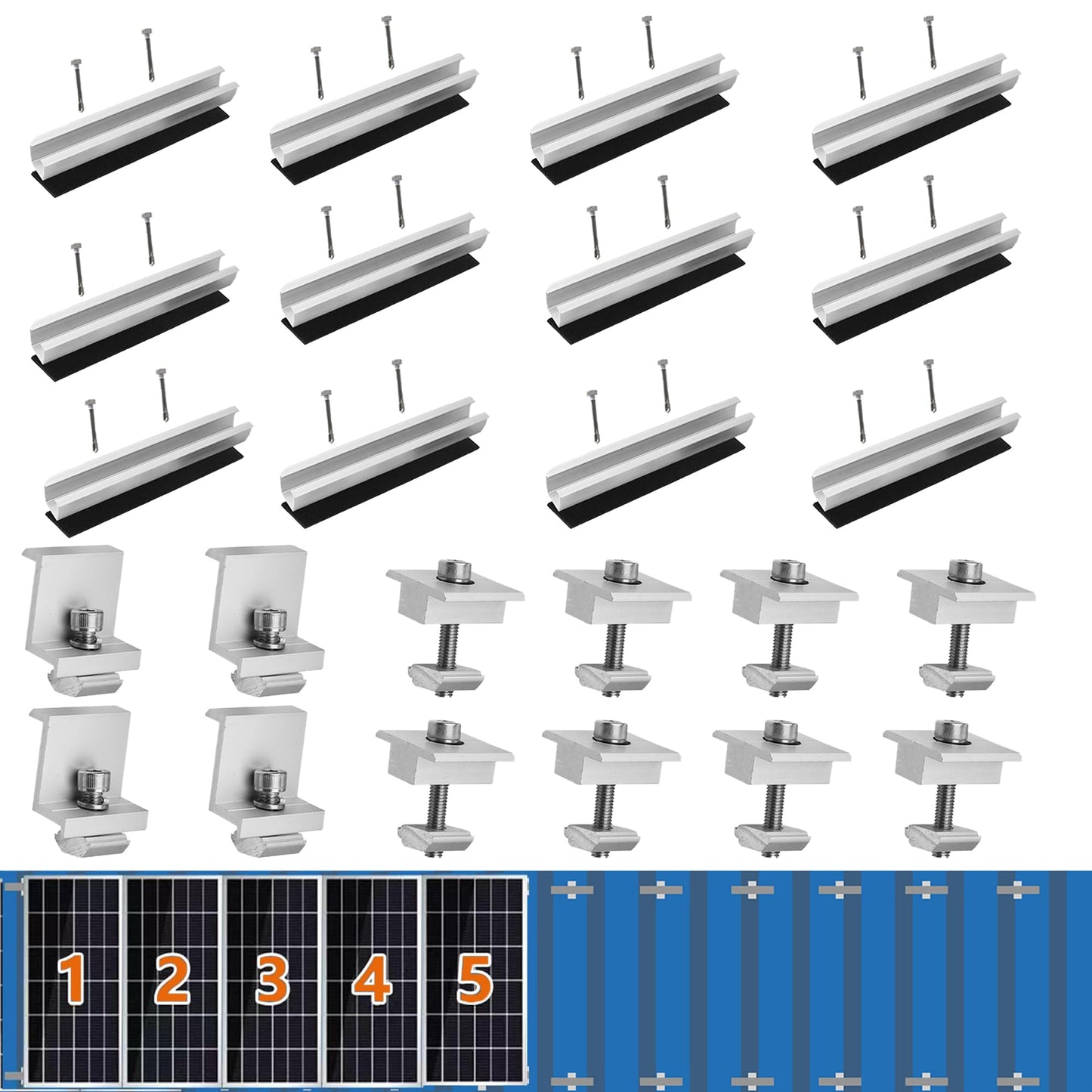 Solar Panel Bracket Kit, 12 Pcs Aluminium Mounting Rail 120mm, Solar Panel Mount 30mm/35mm, Z-Bracket Set, Center Clamps, Solar Mounting Rail Connector for Metal Roof, Tin Roof, Flat Roof, Sheet Roof