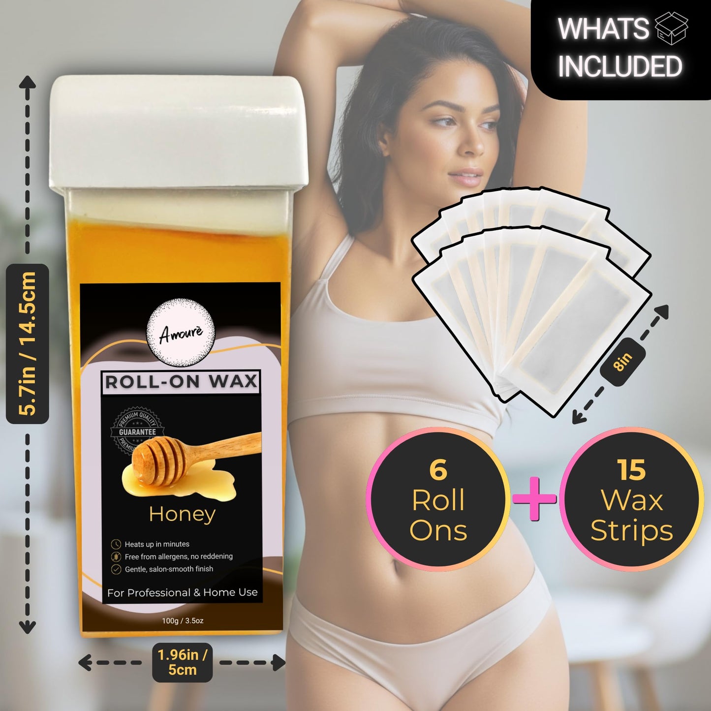 Amourè Roll-On Wax Kit – Honey Wax Cartridges Pack of 6 with 30 Free Strips | Professional Waxing Kit for Smooth Skin | Easy Roll-On Hair Removal for Women & Men