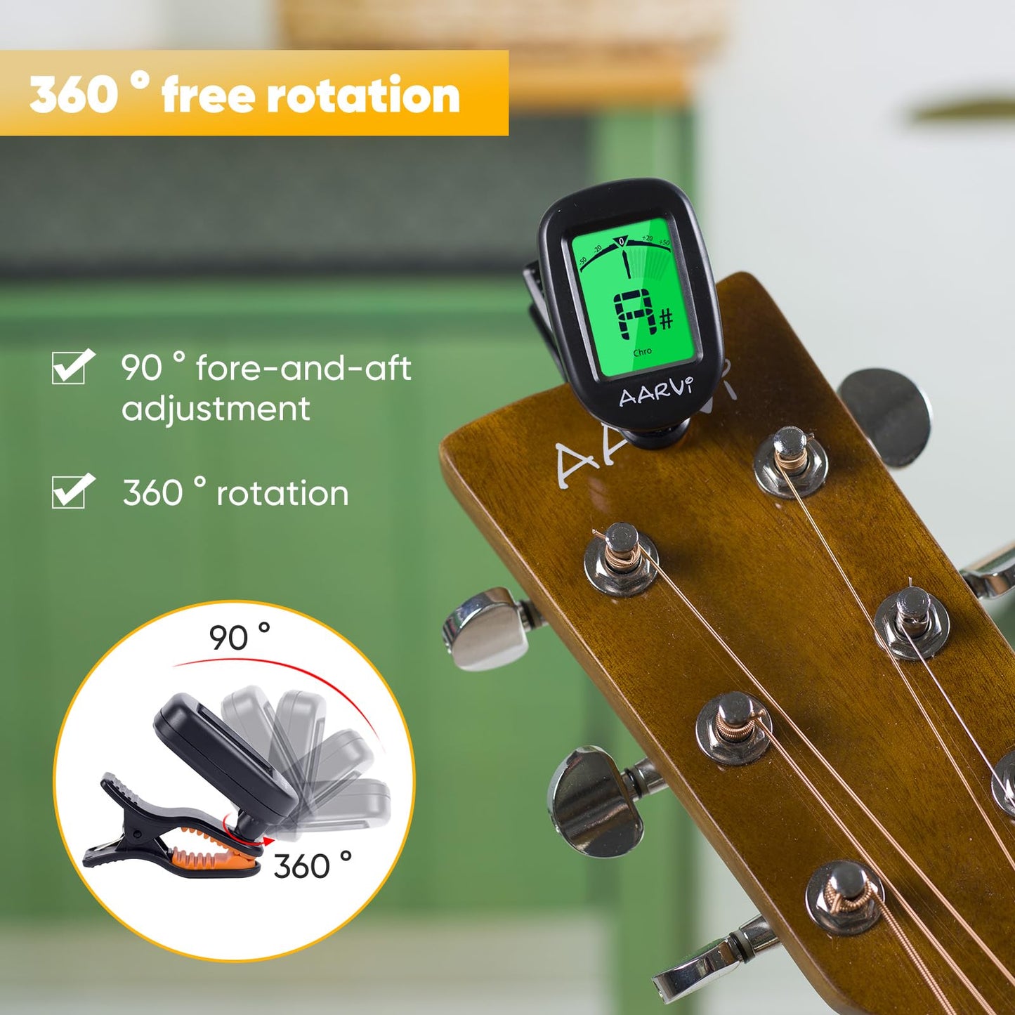 Clip On Guitar Tuner 5 Pack for All Instruments, Acoustic/Electric Guitar, Ukulele, Bass, Violin, Banjo, Large Clear LCD Display for Guitar Tuner, Chromatic Tuner, 20 Pack Guitar Picks Included