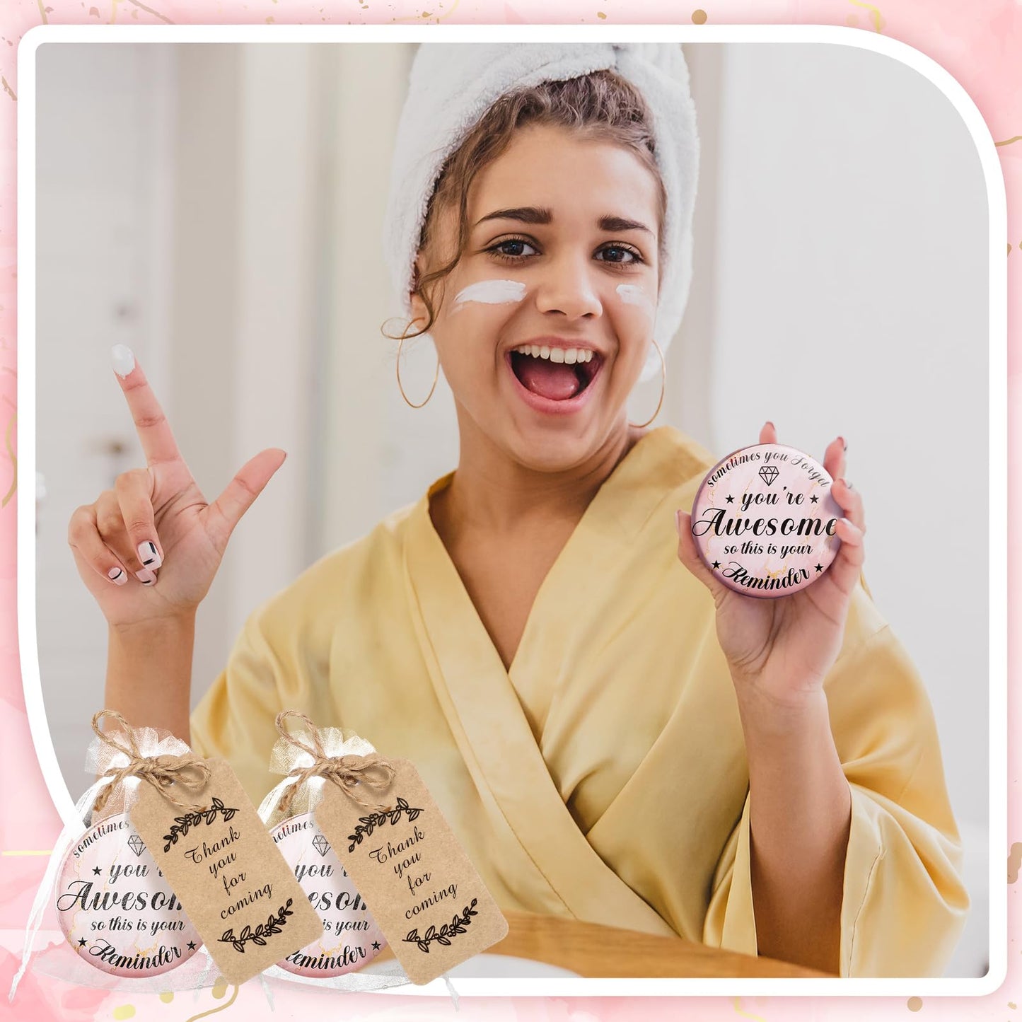 Tradder 100 Sets 2.76 Inch Inspirational Compact Mirrors Bulk Small Purse Pocket Makeup Pink Mirrors Quinceanera Party Gifts Employee Appreciation Gifts Set for Women Coworker (Awesome)
