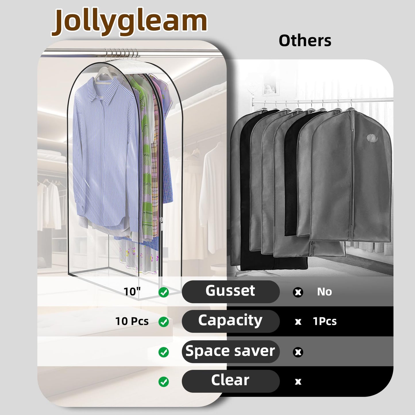 Jollygleam Upgraded Thickened Clear Garment Bags for Hanging Clothes 4 Packs, 10“ Gusseted Clothes Hanging Storage Bags for Closet, Shirts, Coats, Dresses (40 & 50 inch)
