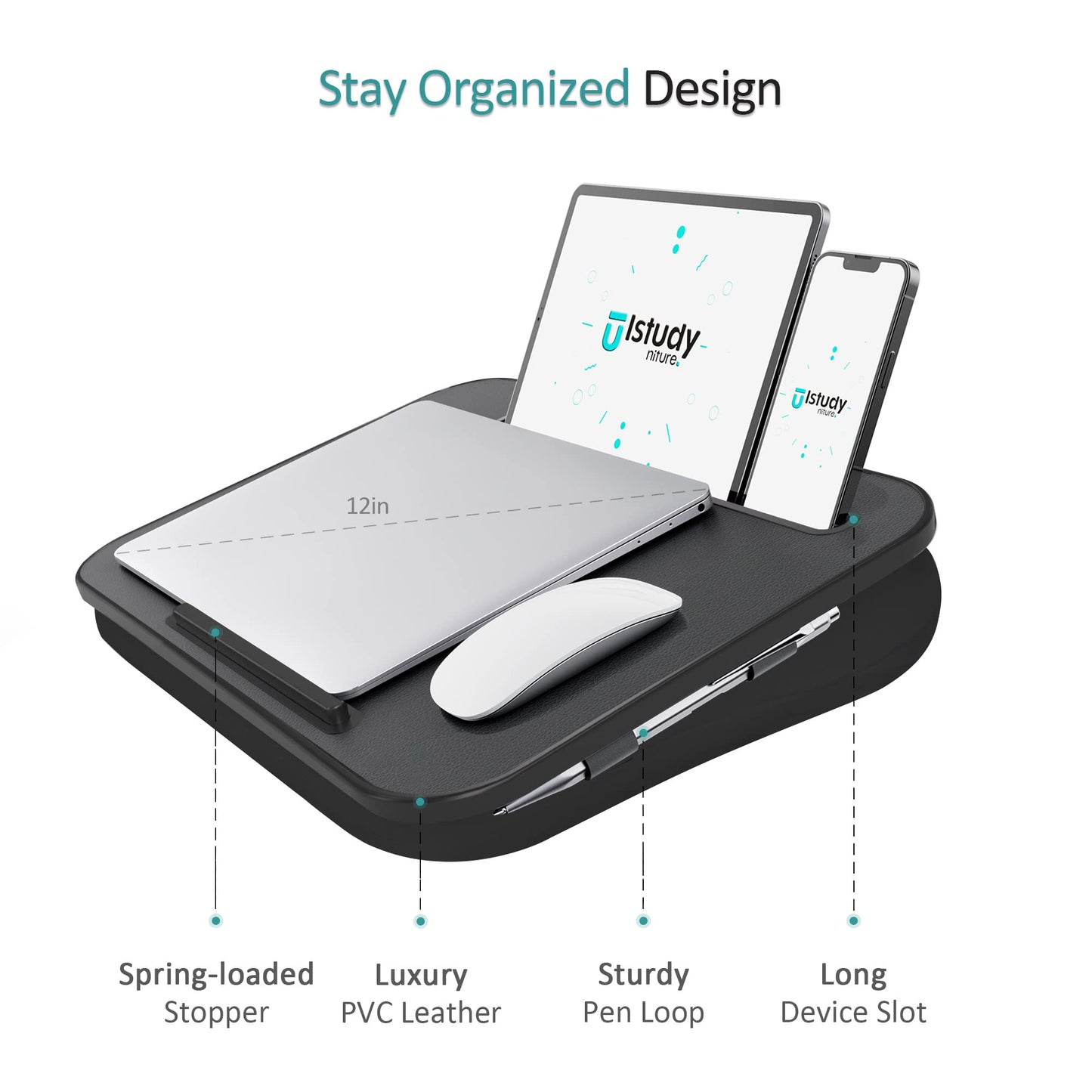Lap Desk, Portable Laptop Lap Desk with Pillow Cushion, Fits up to 15.6 inch Laptop, Laptop Stand with Device Ledge and Phone Holder, for Home Office, Black, ISTUDYNITURE(Small)