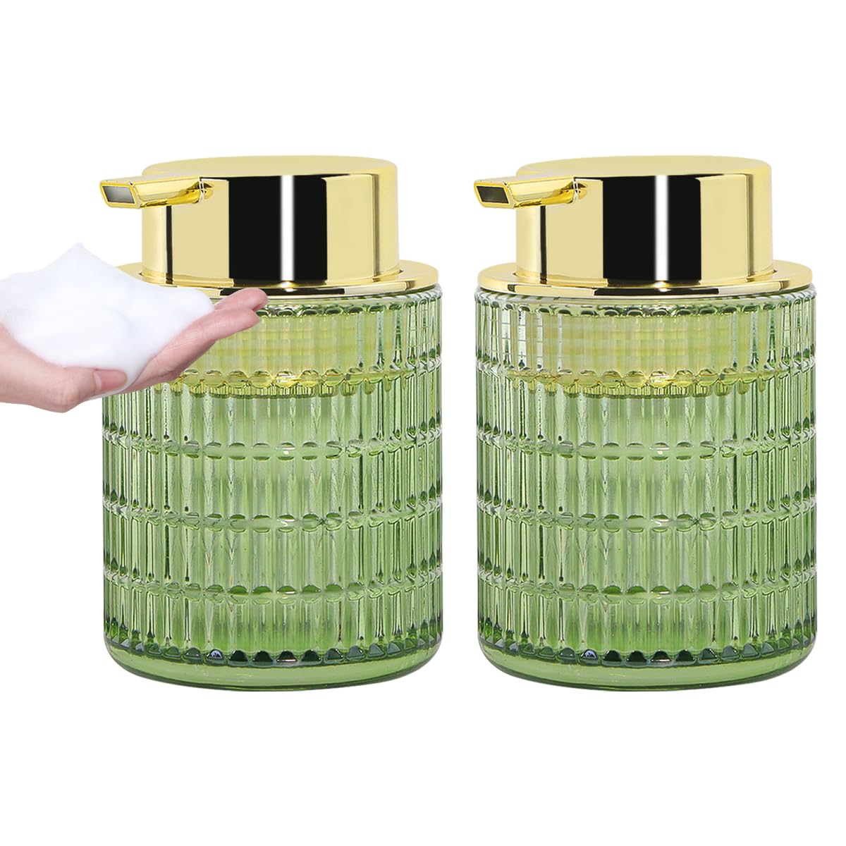 Tonxus Foaming Soap Dispenser,10 Oz Glass Foam Hand Soap Dispenser for Bathroom and Kitchen,Refillable Foaming Pump Bottle with Large Pump,Modern Striped Dish Soap Foam Dispenser (2, Green)