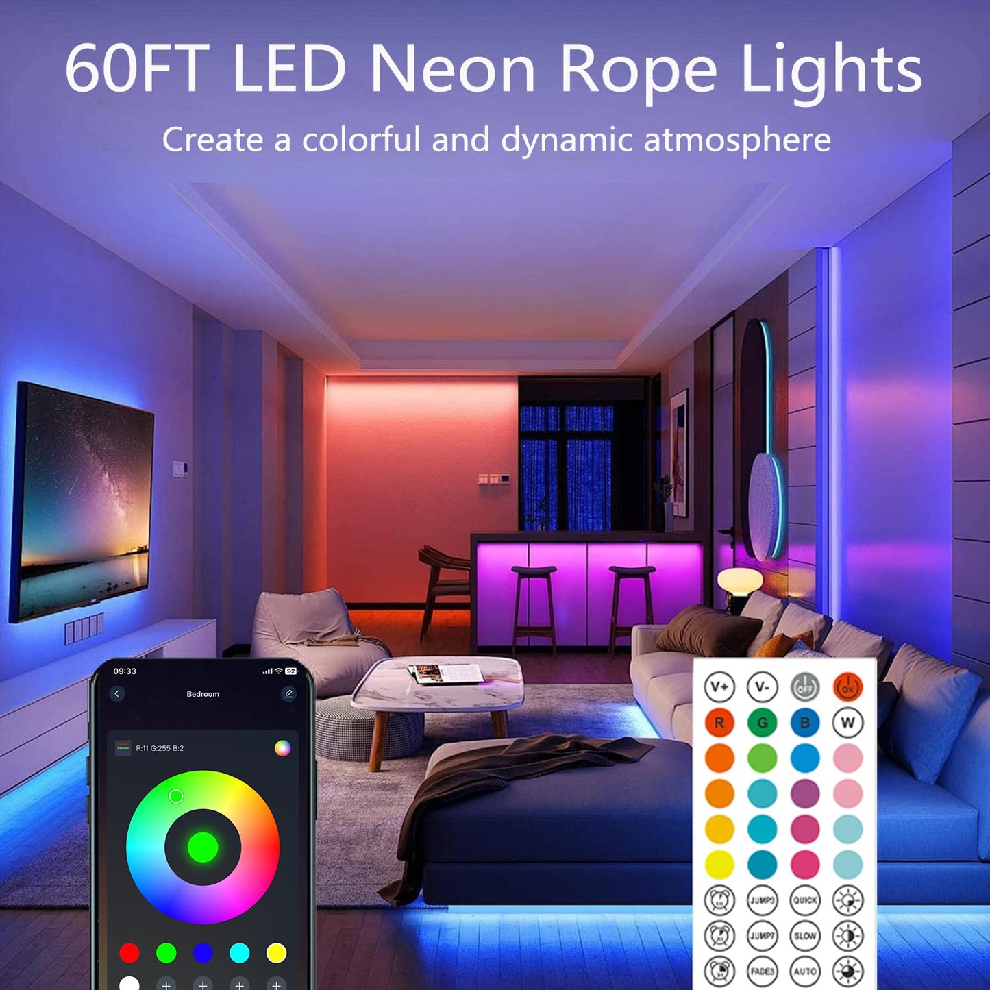 60Ft Neon Rope Lights,Flexible Led Rope Lights Control with App/Remote,Multiple Modes Rope Lights,IP65 Outdoor Waterproof,Music Sync Light Strip for Bedroom