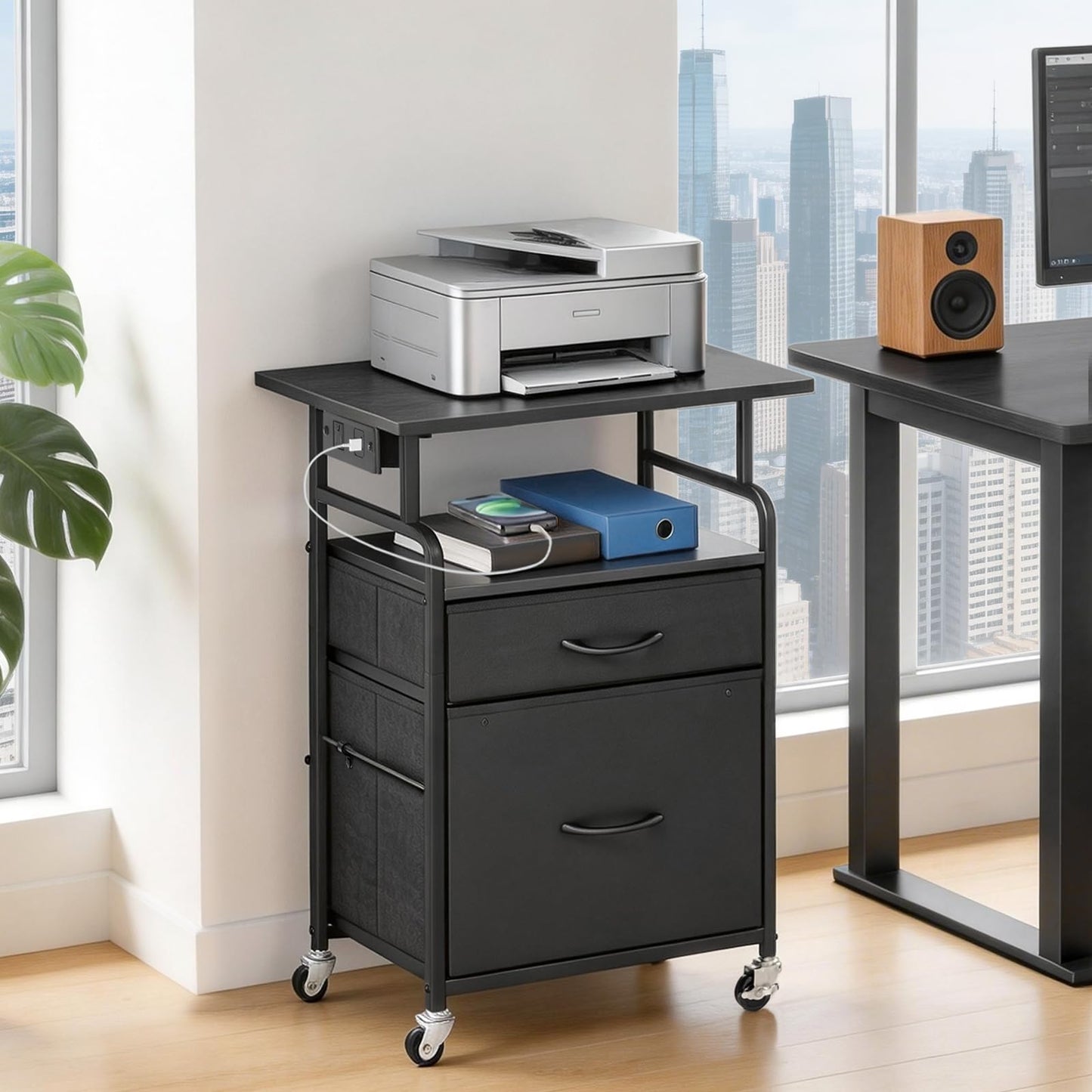 HOOBRO Printer Stand, Printer Table on Wheels, Storage Cart with 2 Drawers, Movable Printer Holder, for Office, Living Room, Black BB15UPS01