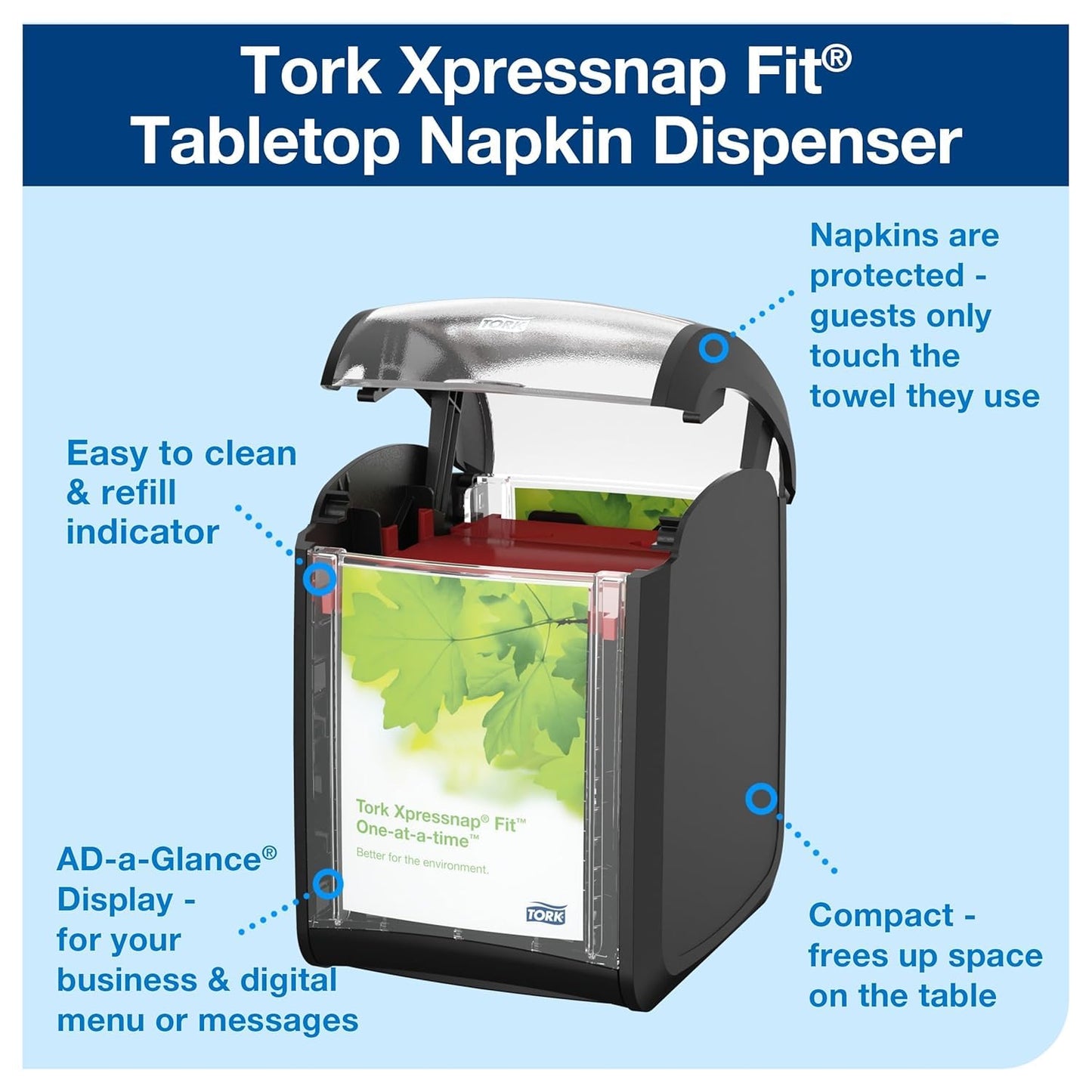 Tork Xpressnap Fit Napkin Dispenser Compact Design, One-at-a-Time Dispensing, Black, N14 System Compatible 2 x 100 White Napkins (800723)