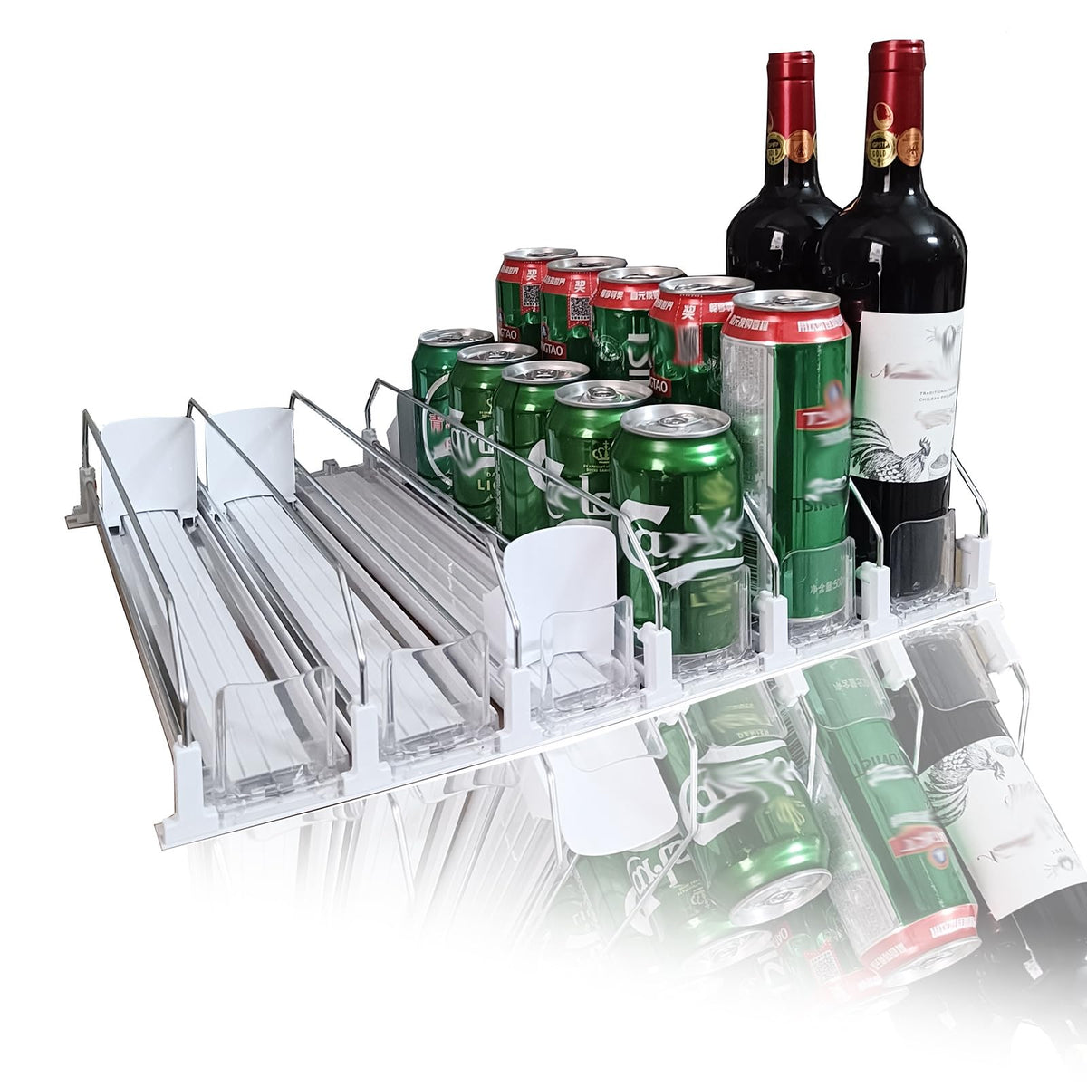 Width17.72 inch x Depth 16.1 inch Large Capacity Automatic Pushing Drink Organizer,Width Adjustable/Space-Saving-with Smooth and Fast Pusher Glide,Drink Organizer for Fridge (White, 6 Rows)