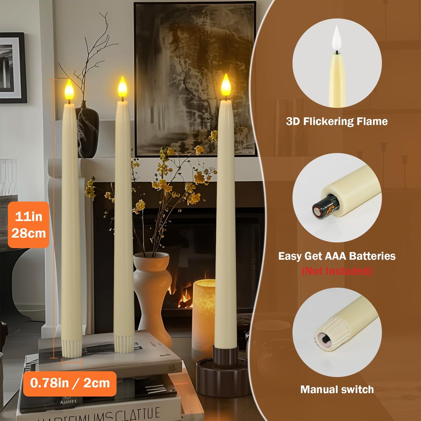 PChero 11" Flameless Taper Candles with Remote Timer, 10 Pack Battery Operated Flickering LED Taper Candlesticks Ivory Faux Wax Window Candles for Thanksgiving Christmas Holiday Wedding Decor