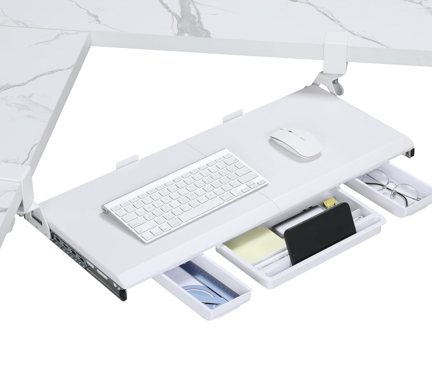 ETHU Keyboard Tray for Corner Desk - Under Desk Keyboard Shelf with C-Clamp, 26.8" x 11.8" Keyboard Tray with Soft-Close Sliding for L-Shaped Desks up to 1.57" Thick, White