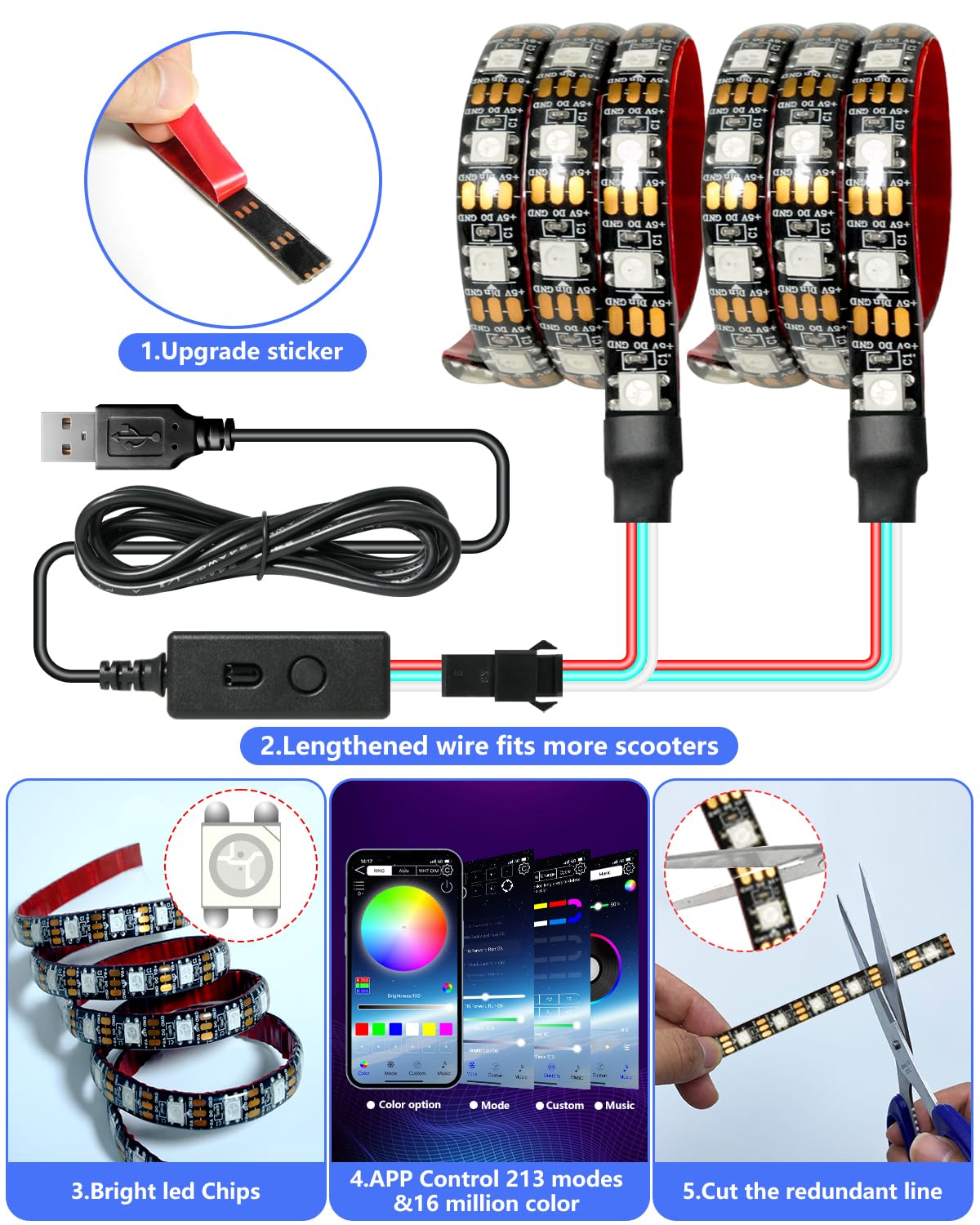 Keiurot Scooter LED Strip Light, Led Lights for Scooter Night Riding Skateboard Scooter Lights APP Control Flowing Color Waterproof Electric Scooter Accessories 2 in 1