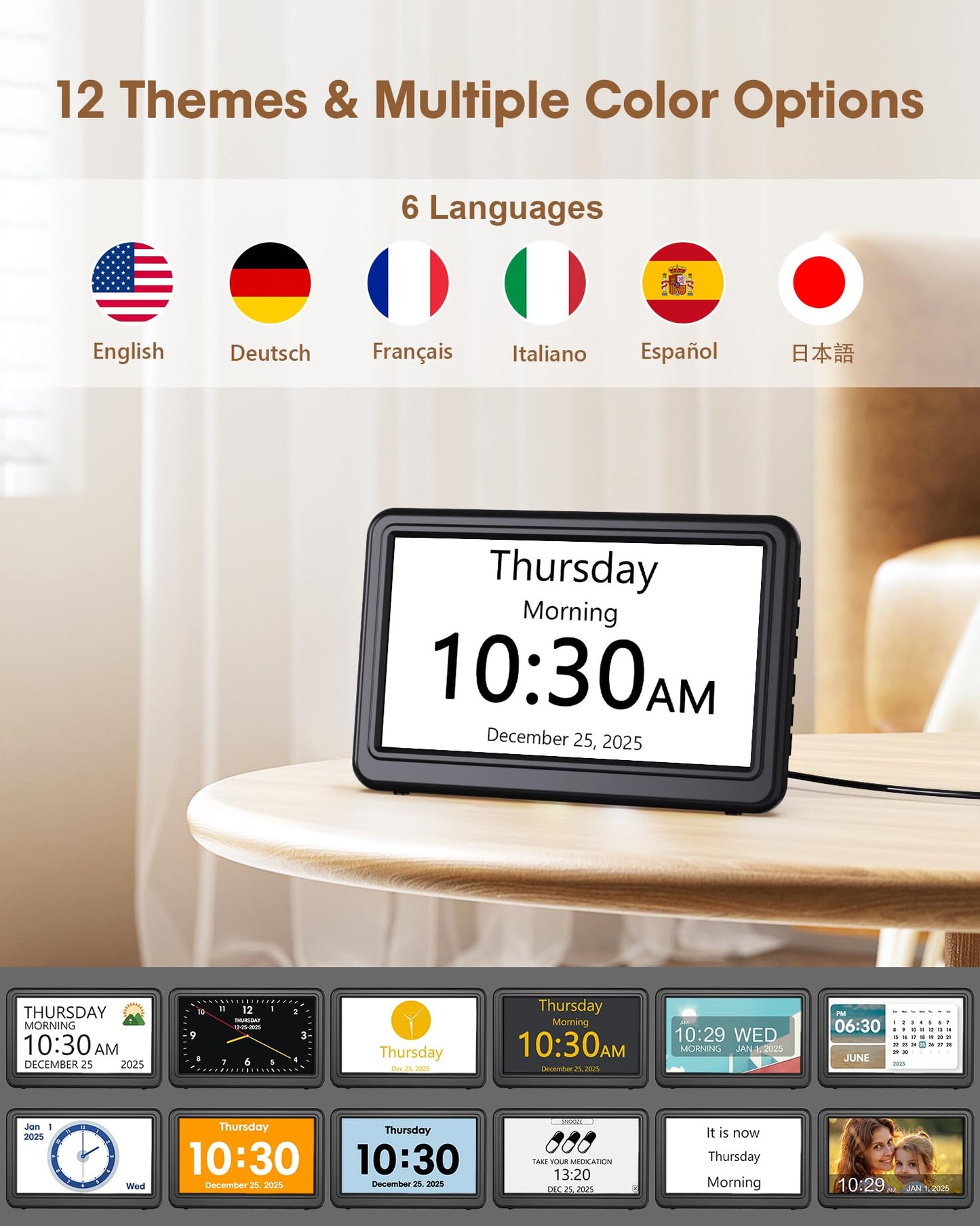 20 Alarms Dementia Clock for Seniors 7" Large Display Digital Calendar Clock with 20 Custom Reminders, 12 Display Modes, 18 Ringtones Electronic Calendar for Elderly Alzheimer’s Black
