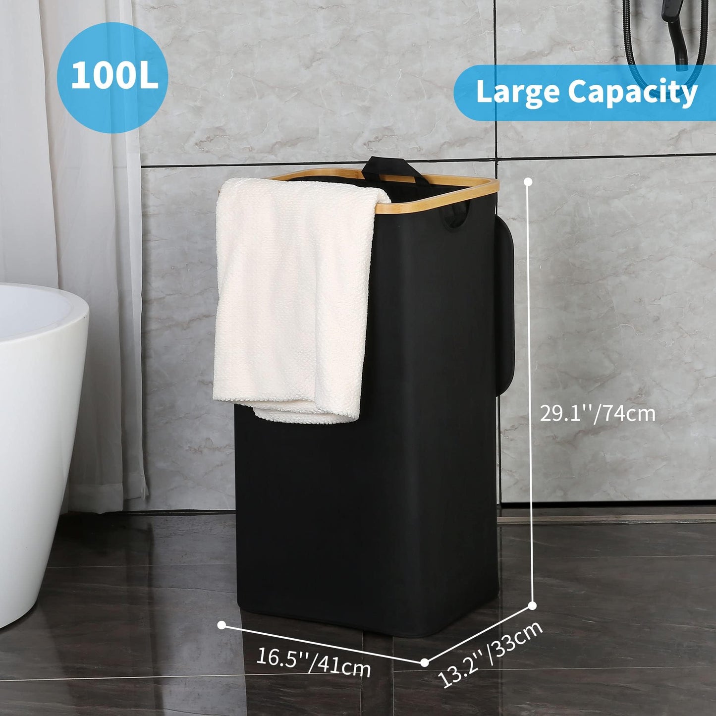 efluky Laundry Hamper with Lid, 100L Tall Laundry Basket with Bamboo Handles for Clothes, Collapsible Laundry Hamper with Inner Bag for Bedroom and Bathroom, Black
