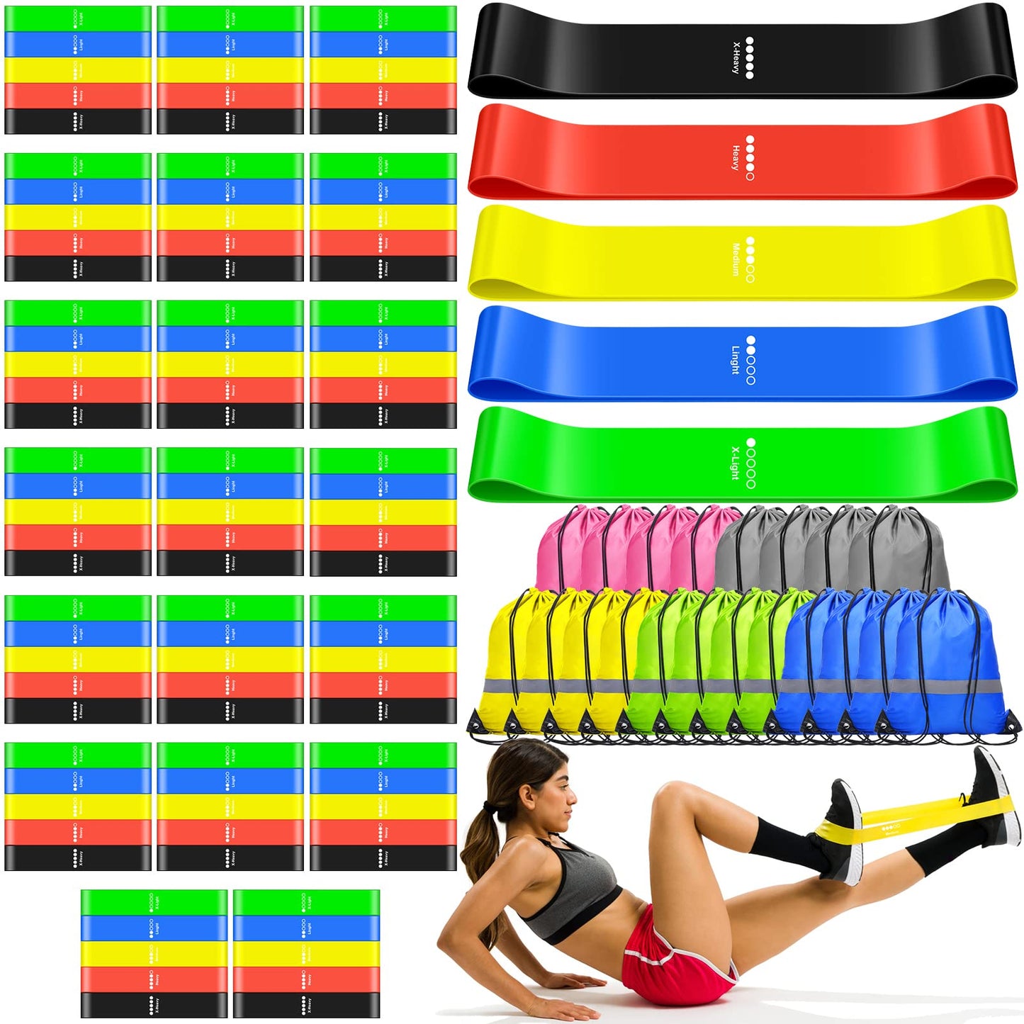 120 Pcs Workout Loop Resistance Bands Bulk, Gym Elastic Bands Set for Fitness Sport Class Students Members Gift Physical, 5 Pieces Each Set, with Large Drawstring Backpack Bags