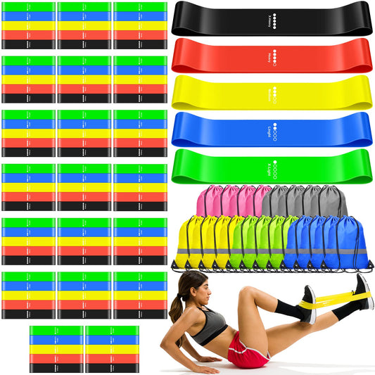 120 Pcs Workout Loop Resistance Bands Bulk, Gym Elastic Bands Set for Fitness Sport Class Students Members Gift Physical, 5 Pieces Each Set, with Large Drawstring Backpack Bags
