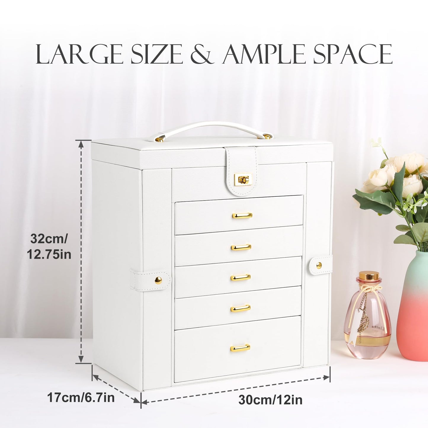Kendal Extra Large Jewelry Box with Mirror, 32x17x30cm Multi-Layer Jewelry Organizer with Side Compartments & Drawers, PU Leather Storage Case for Rings, Earrings, Bracelets & Watches (Elegant White)