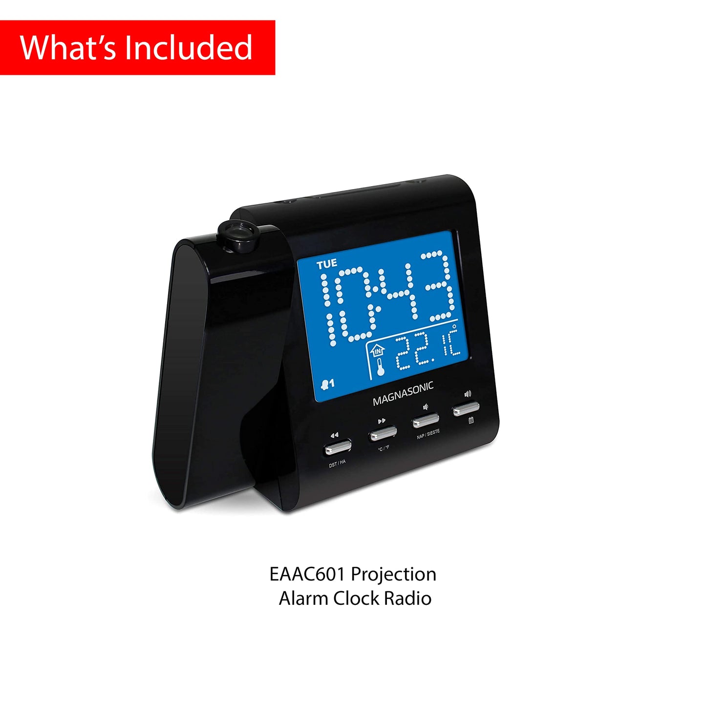 Magnasonic Projection Alarm Clock with AM/FM Radio, Battery Backup, Auto Time Set, Dual Alarm, Nap/Sleep Timer, Indoor Temperature/Date Display with Dimming & 3.5mm Audio Input - Black (EAAC601)