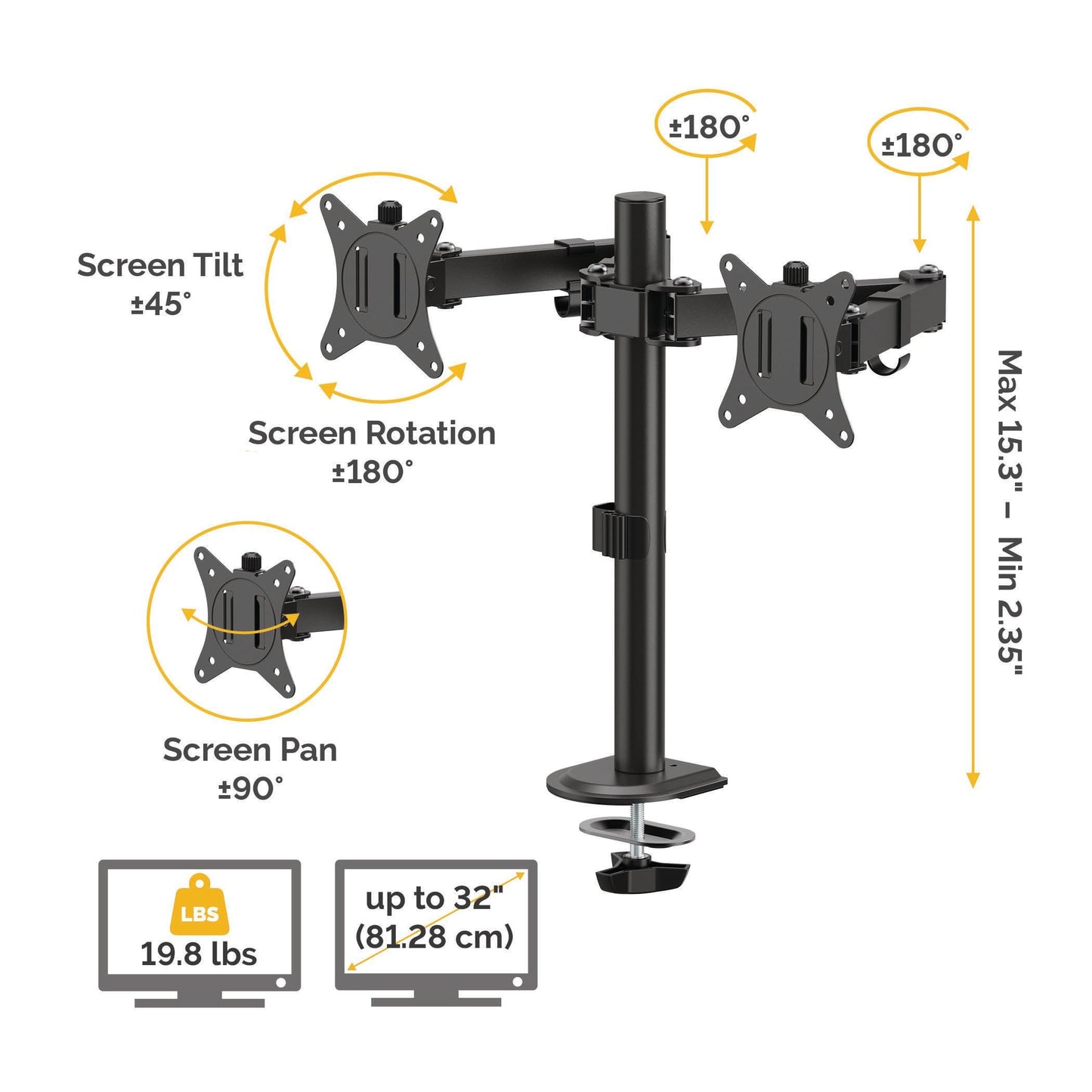 Fellowes Everyday Adjustable Dual Monitor Arm – Holds Two Screens up to 32" (inch) Weighing 19.84 lbs Each, Tilt, Swivel, Rotate, VESA 75/100, Clamp or Grommet Mount, Cable Management