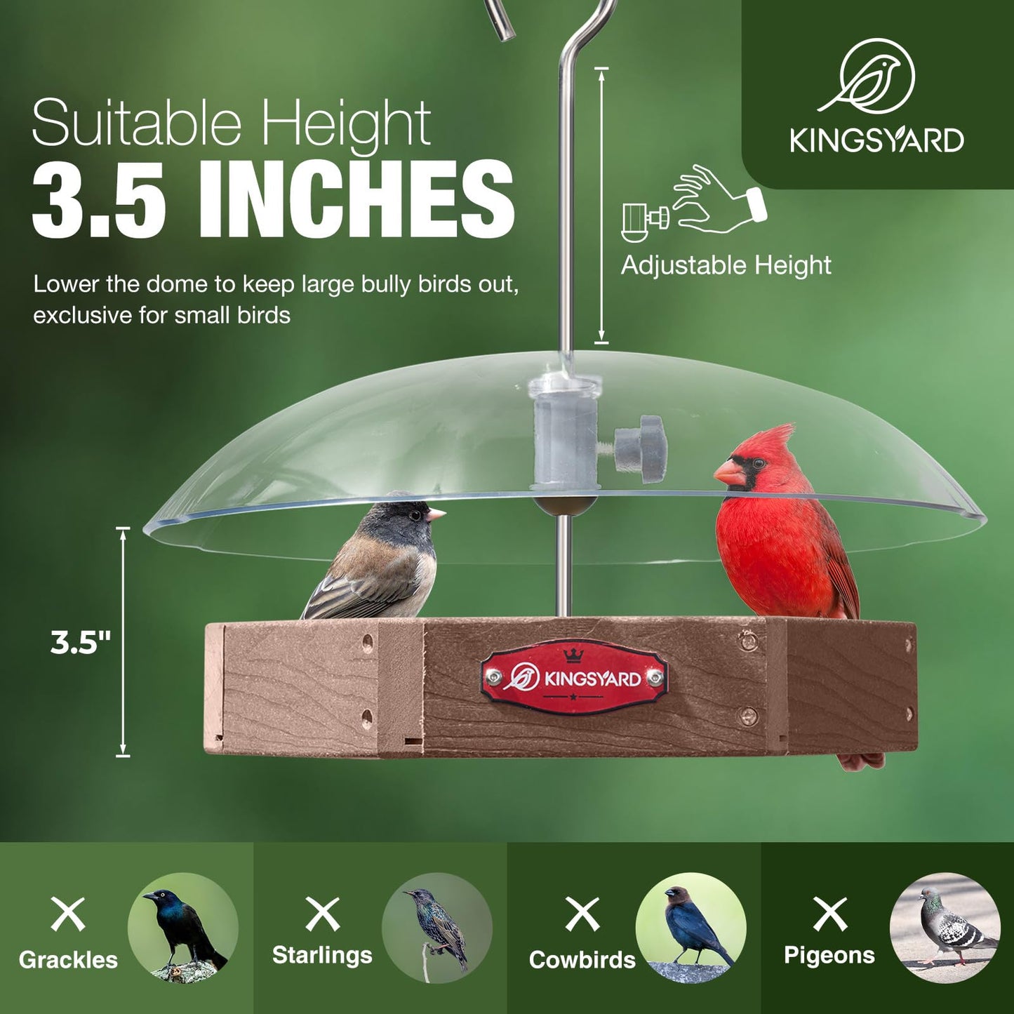 Kingsyard Platform Bird Feeder for Outdoor Hanging - Rugged Recycled Plastic Wild Bird Feeding Station with Adjustable Dome & Metal Mesh Tray. Brown