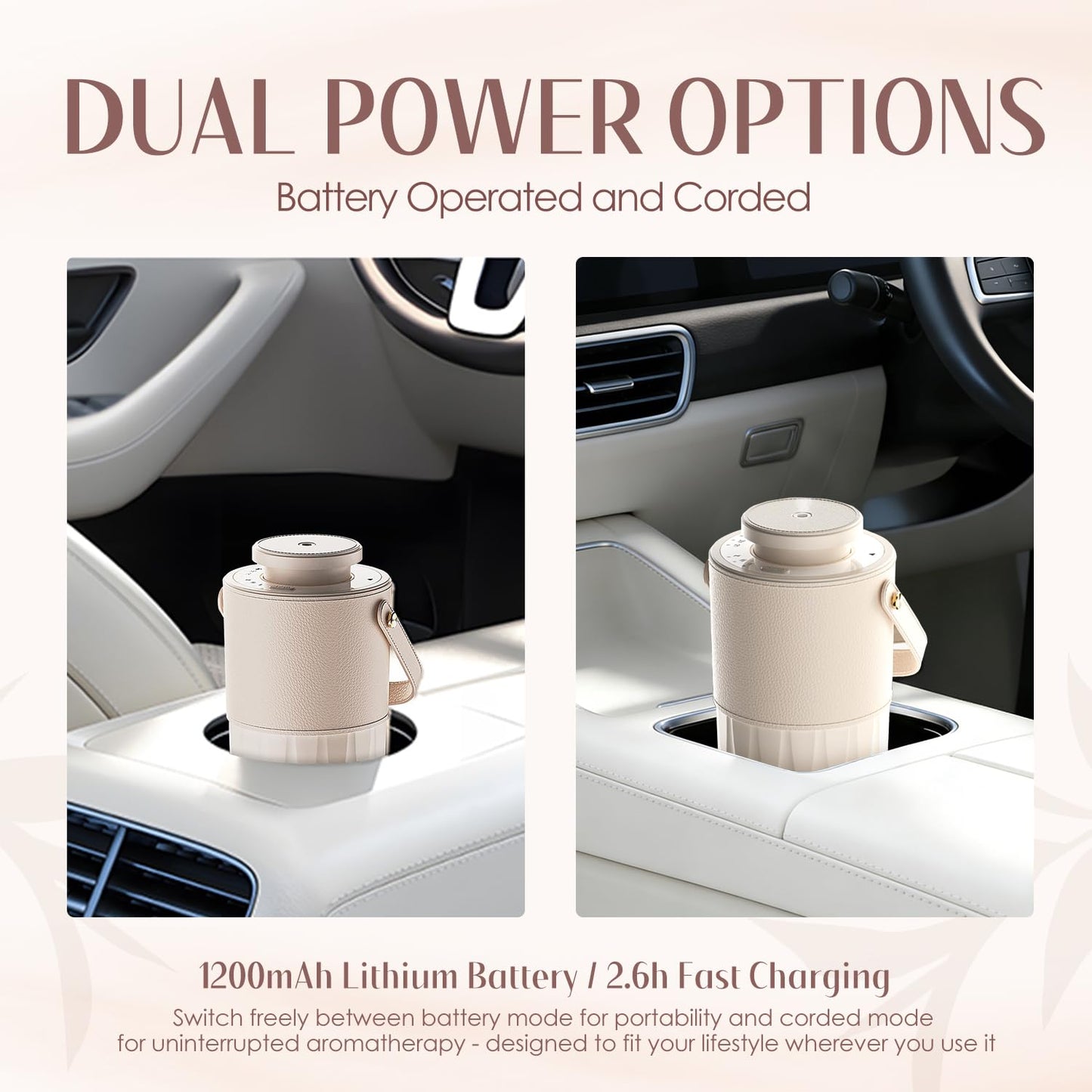 Waterless Essential Oil Diffuser with 30mL Hotel Scent Fragrance Oil, Battery Operated Portable Mini Diffuser with 1H/2H/4H Timer & Adjustable 2 Modes, Leather Handle for Home, Car, Travel, White