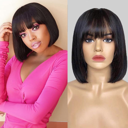 Bob Wig with Bangs Human Hair 180 Density 3x1 Lace Straight Bang Bob Wig Human Hair Glueless Realistic Look For Women Upgraded Machine Made Middle Part（8 Inch）