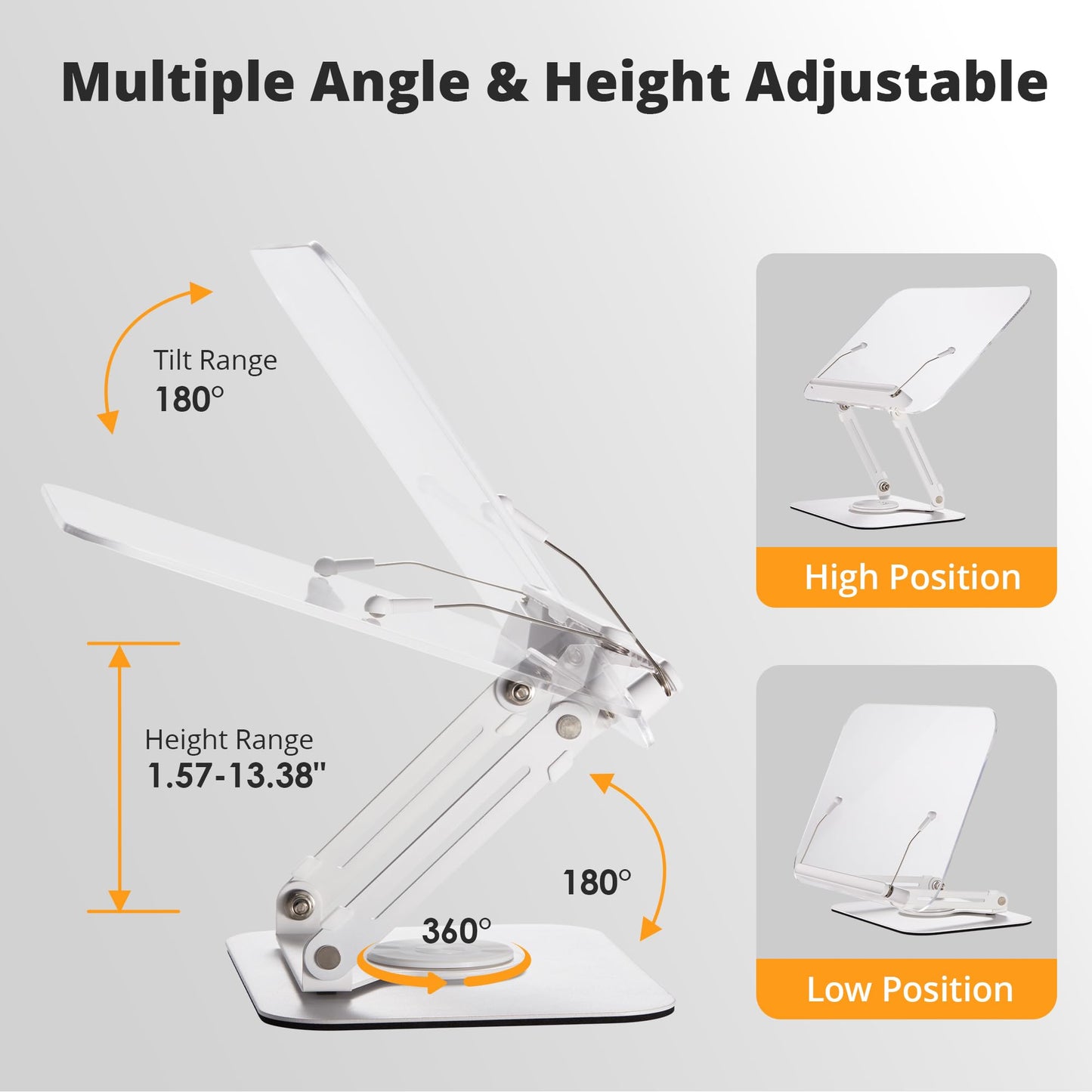 SupeDesk Acrylic Book Stand for Reading, Adjustable Cookbook Stand with 360° Rotating Aluminum Base, Foldable & Portable Tablet Holder, for 3.5-15 inch iPad, Laptop, Tablet, Kindle, Reading