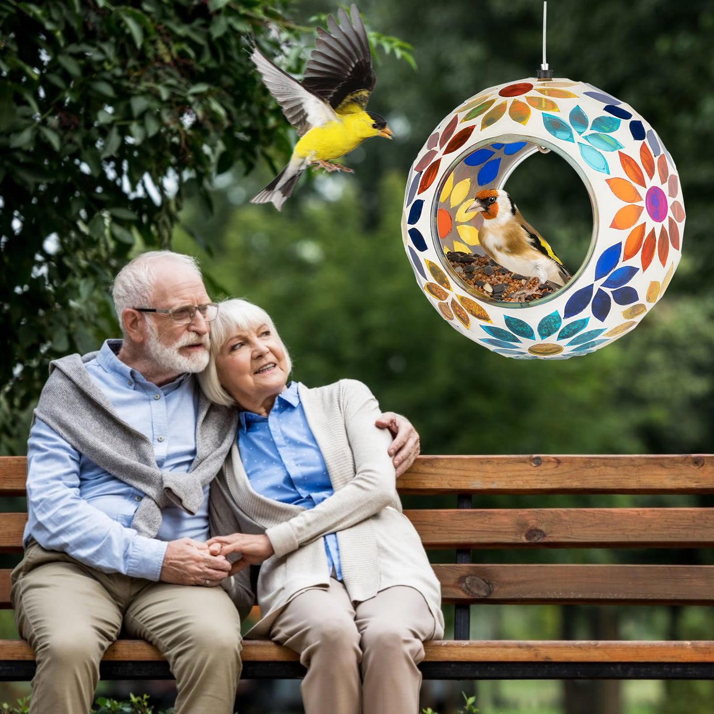 Backyard Expressions Hanging Glass Bird Feeder - Multicolor - Fly Through Bird Feeders for Outside, Mosaic Bird Feeder, Round Shape Wild Birdfeeder