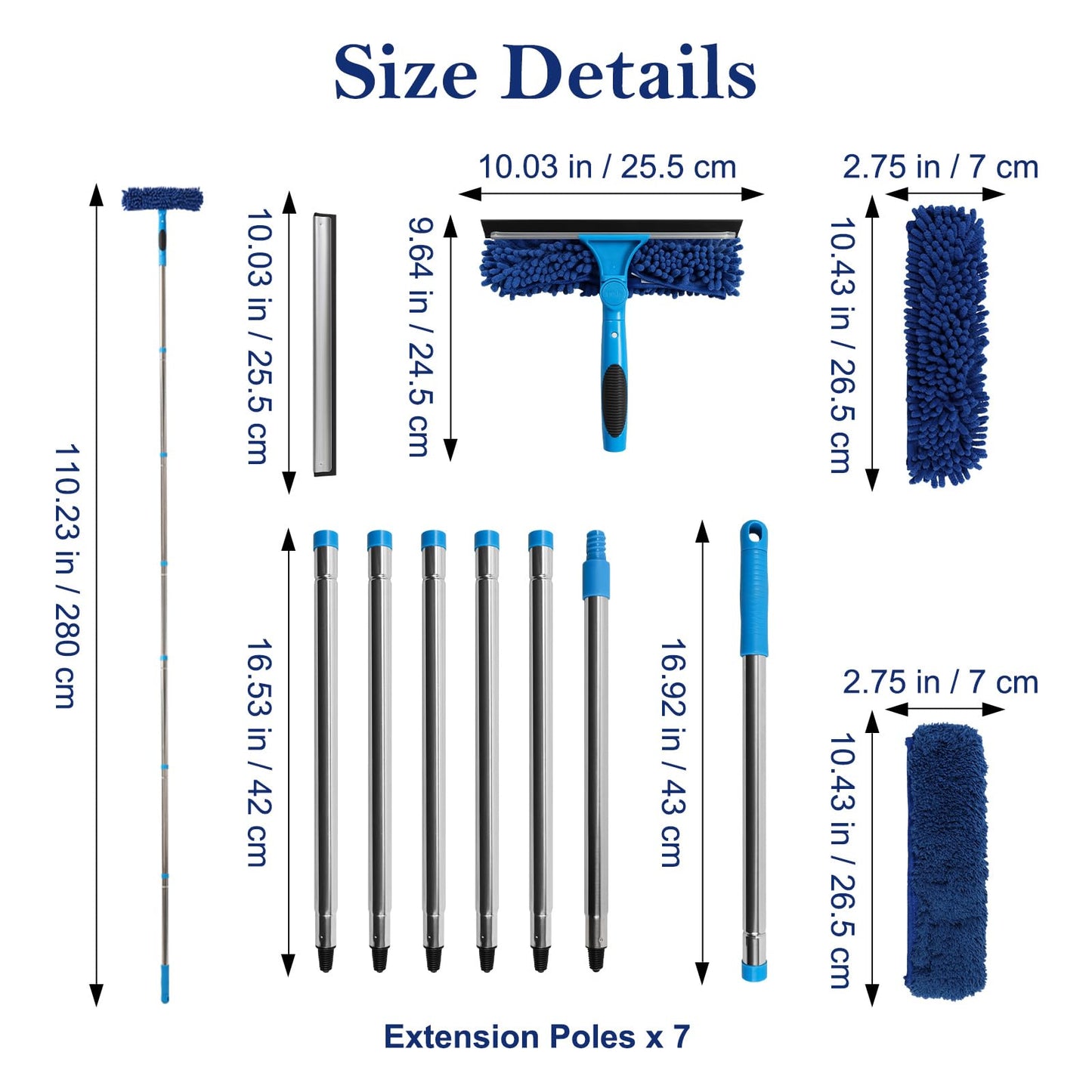 Terafeels 110.23in / 280cm Window Cleaning Tools, Window Squeegee: 2 in 1 Double-Sided Professional Cleaner Window Washing Kit with Extension Pole (Dark Blue)