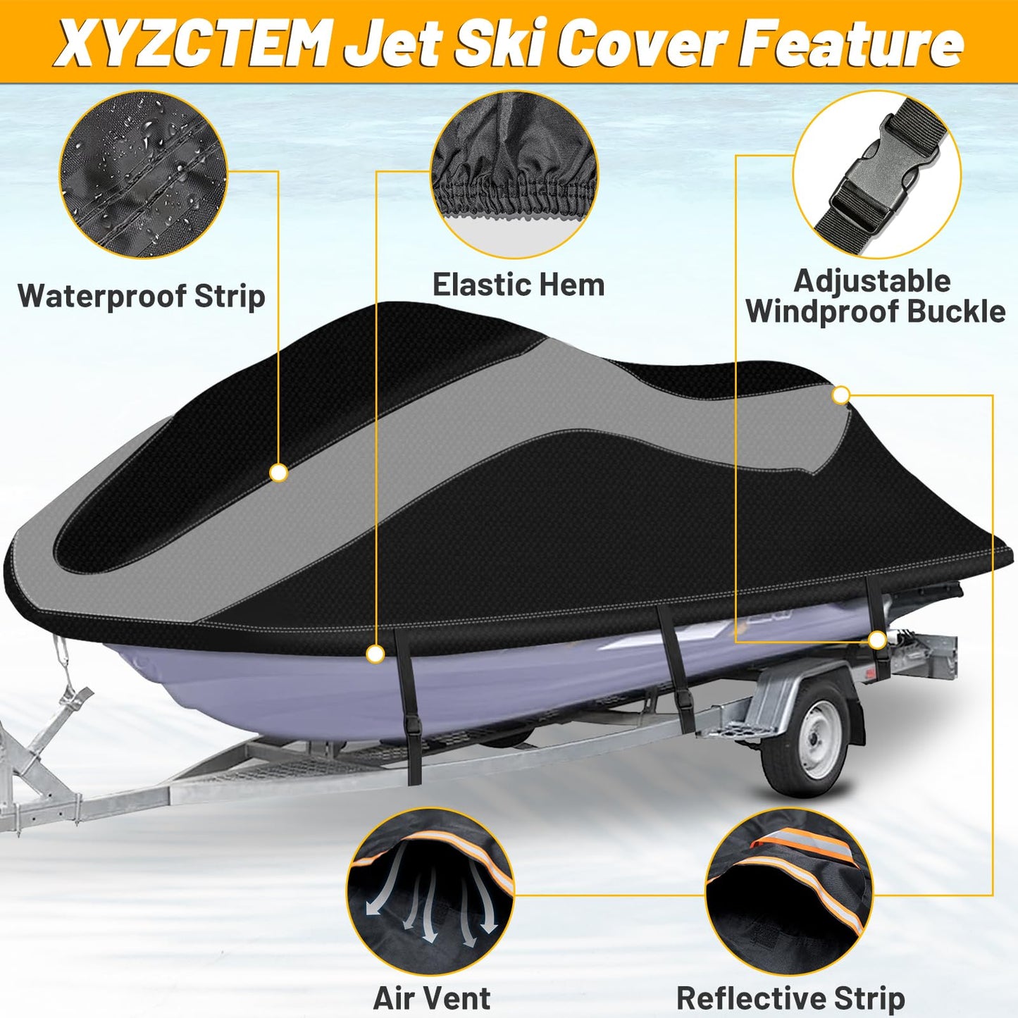 XYZCTEM Trailerable Jet Ski Cover, Waterproof Upgraded Oxford Fabric Personal Watercraft Cover with Reflective Air Vent, Fits Seadoo, Yamaha, GTX, Kawasaki, Honda, Polaris (3 Seater 126" to 135" L)