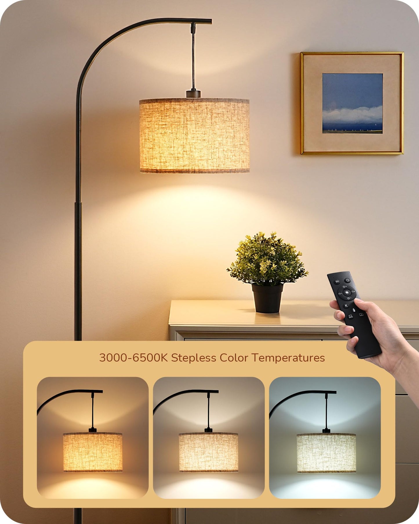 EDISHINE Modern Arc Floor Lamp with Beige Linen Drum Shade & Heavy Base, Dimmable Black Reading Light, Remote Control Bulb Included, Tall Standing Lamp for Reading, Office, Lighting