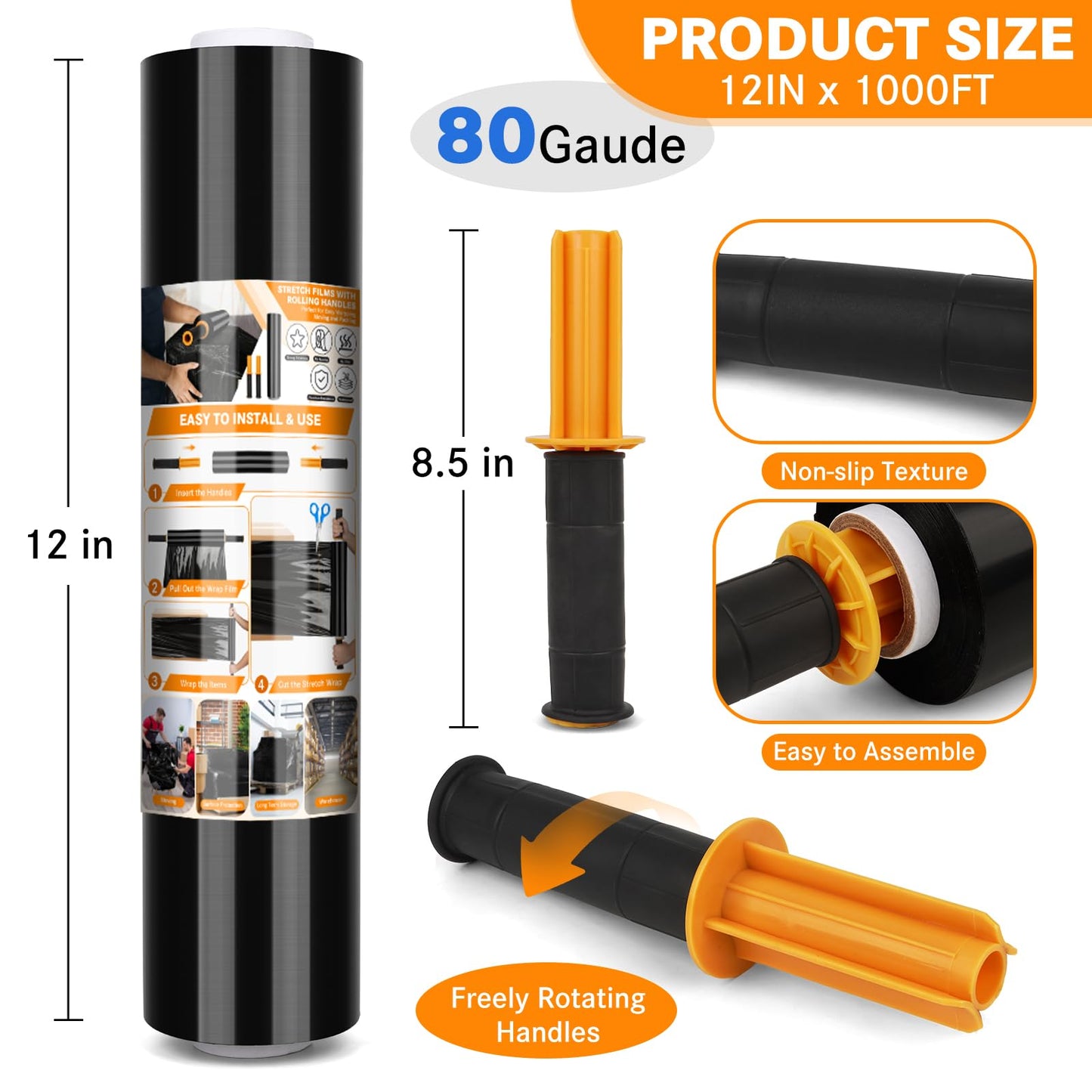Origuuds Stretch Film, 80 Gauge Stretch Wrap with Handles, Industrial Strength Plastic Wrap for Moving, Pallet Wrap, Luggage, Furniture Wrapping, Packing (Black/15 Inch x 1000 Feet, 2 Roll)