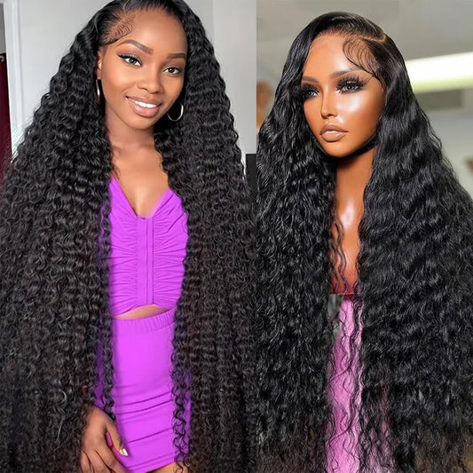 Brazilian Virgin Deep Wave Human Hair 13x6 HD Lace Frontal Wig 24Inch 200 Density Deep Curly Human Hair Lace Frontal Wigs Pre Plucked with Baby Hair 12A 100% Virgin Human Hair Wigs Full and Thick