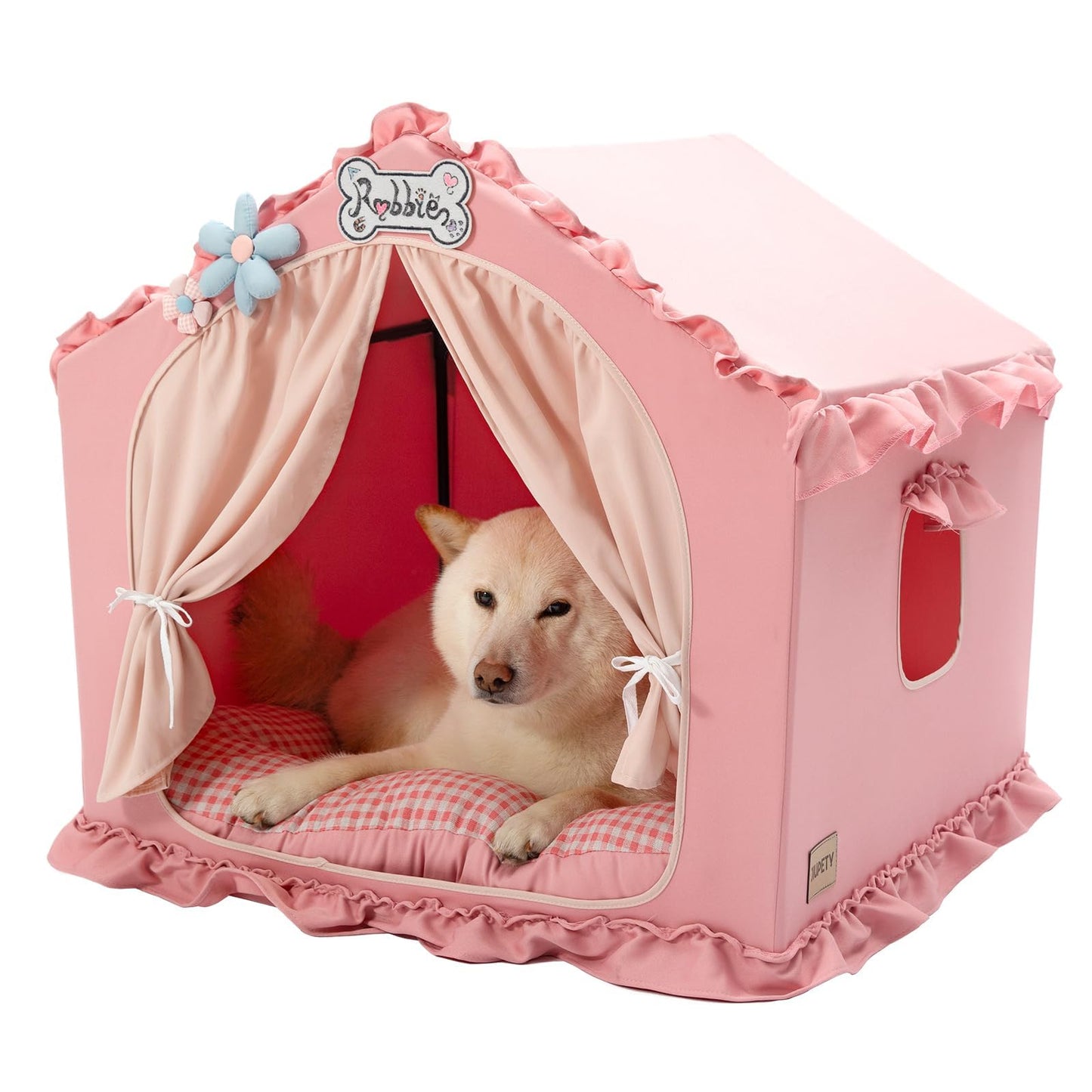 Jiupety Indoor Dog House with Frame, Cute Dog Tent Bed with Cover Cave, Breathable, Washable, and Foldable House, Suitable for 20-40 Lb, Large (25"×25"×25"), Pink