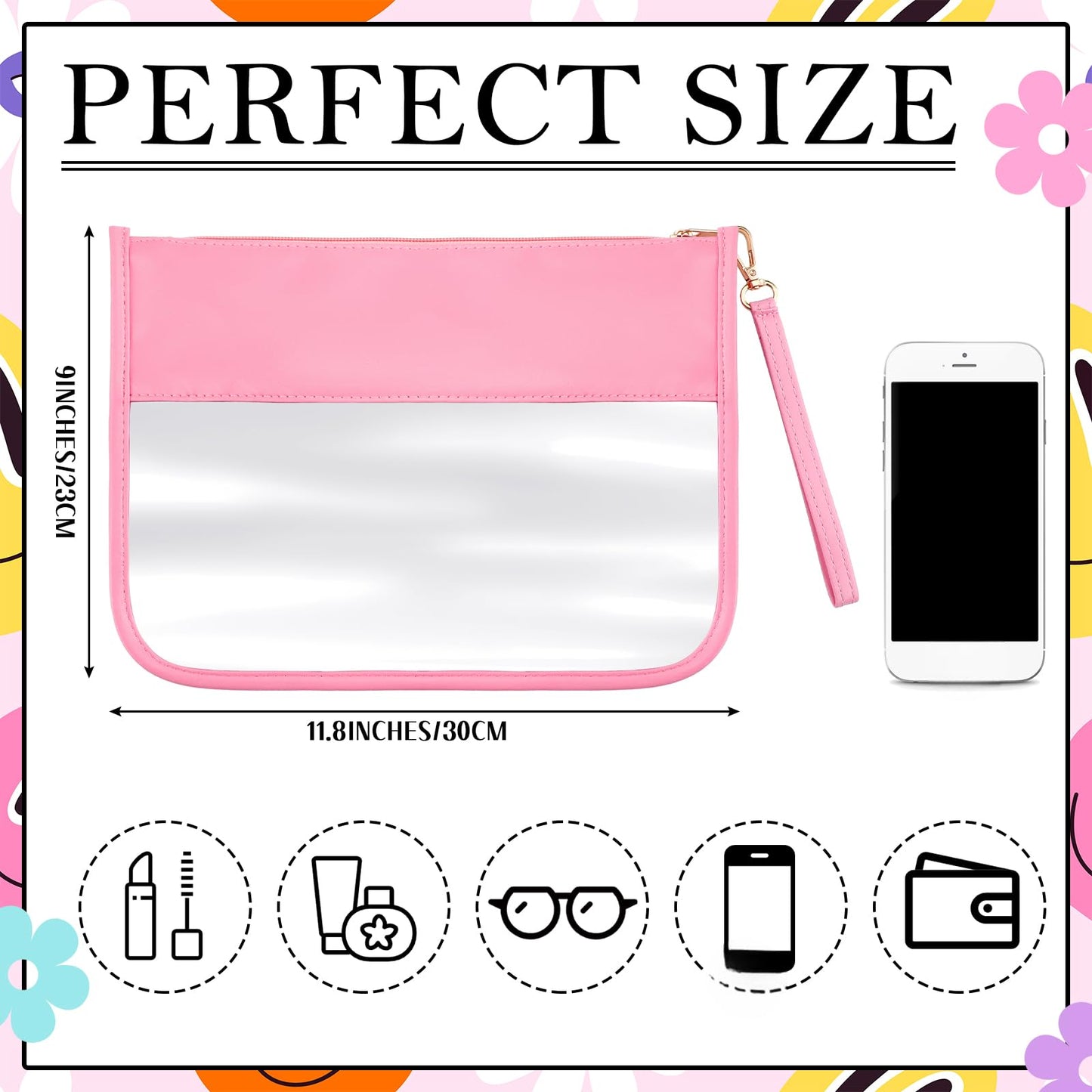 Paterr 6 Pcs Preppy Clear Flat Makeup Bag Pouch for Travel with Zipper PVC Waterproof Snack Bag Accessories DIY Cosmetic Travel Toiletry Purse for Women Girls(Multicolor)