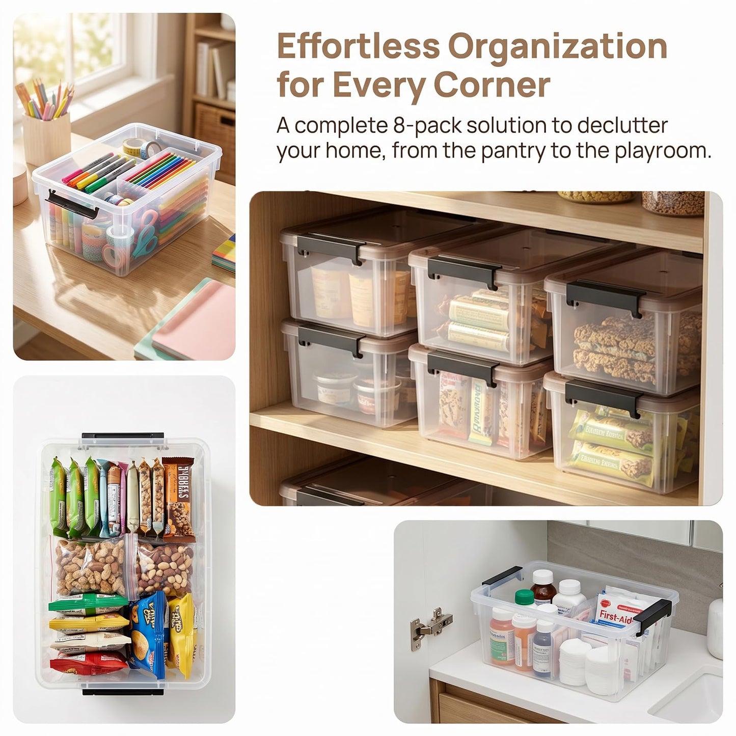 Nicunom 8 Pack 3 L Small Plastic Storage Bins with Lids, 9.1" x 6.7" x 4.1" Clear Storage Box Containers Stackable Latching Box with Lid Storage Containers for Organizing