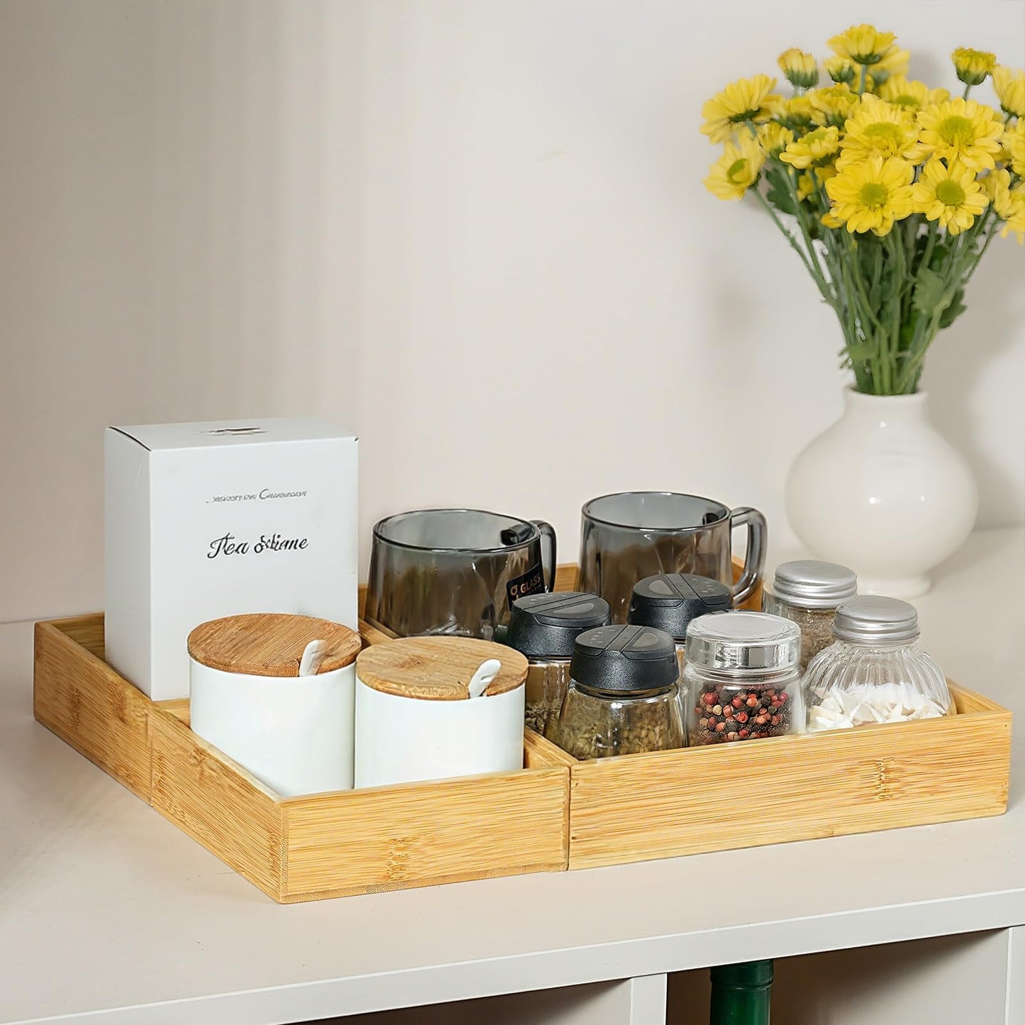 Drawer Organizer, Set of 9 Bamboo Wood Kitchen Makeup Desk Junk Tea Drawer Storage Boxes Bins for Cutlery Silverware Utensils Flatware, Small Wooden Container Tray for Bathroom, Office