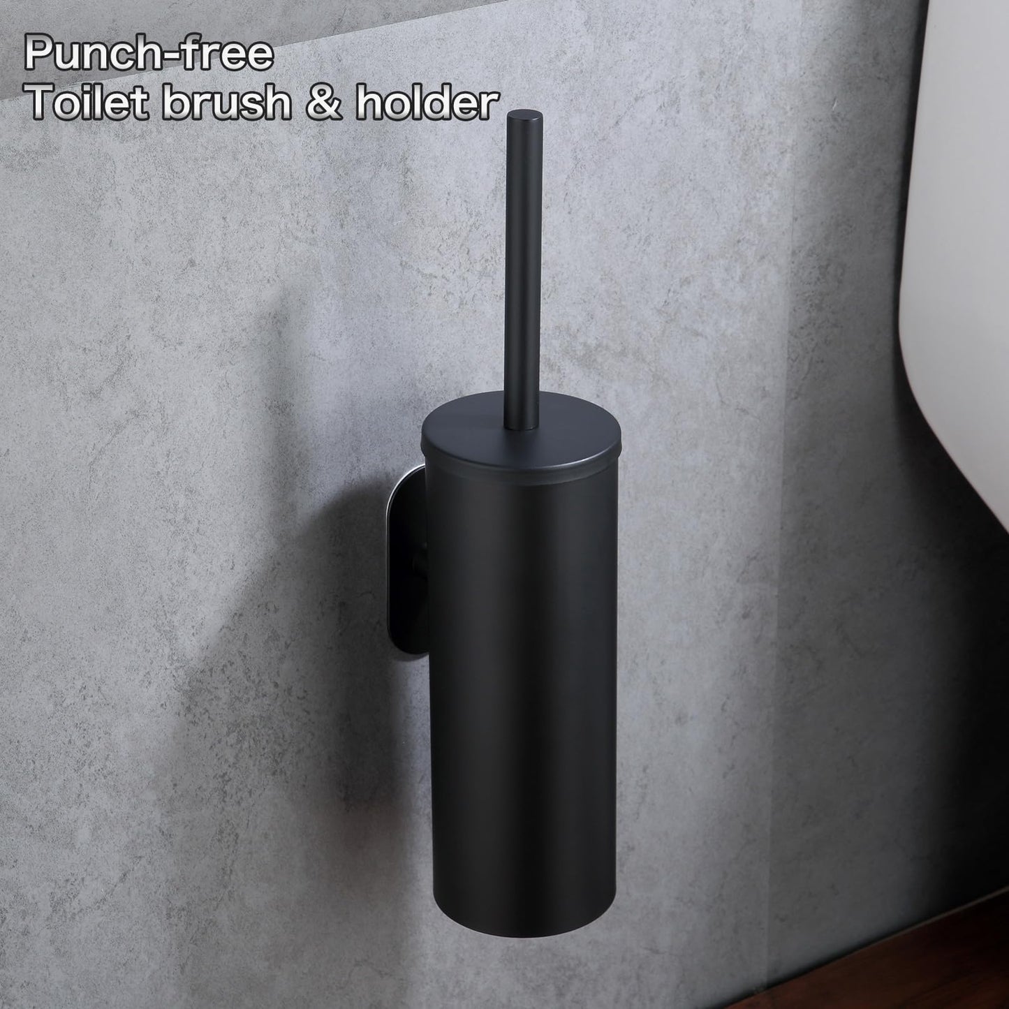 AIREMOEN 1 x Heavy Duty Adhesive Toilet Brush Holder No Drilling 304 Stainless Steel Round Head Thoroughly Cleans Bathroom (Black)