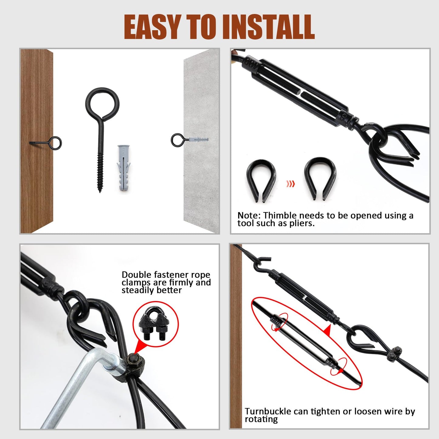 hannger String Light Hanging Kit Outdoor, Globe String Lights Suspension Kit, 50FT 3/16 Black PVC Coated Steel Cable w/ M6 Turnbuckle Tensioner Kit, Guide Wire for Outdoor/Patio/Camping String Light
