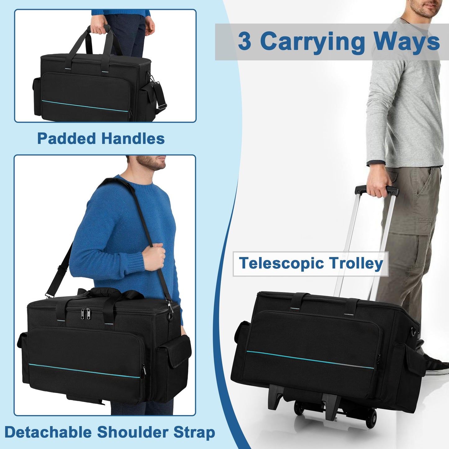 HODRANT Large Rolling DJ Cable Bag, Padded Gig Bag with Detachable Trolley & Divider, Music Gear Case with Multi Pockets for 15.6" Laptop, DJ Gear, Musical Instrument, Sound Equipment Storage