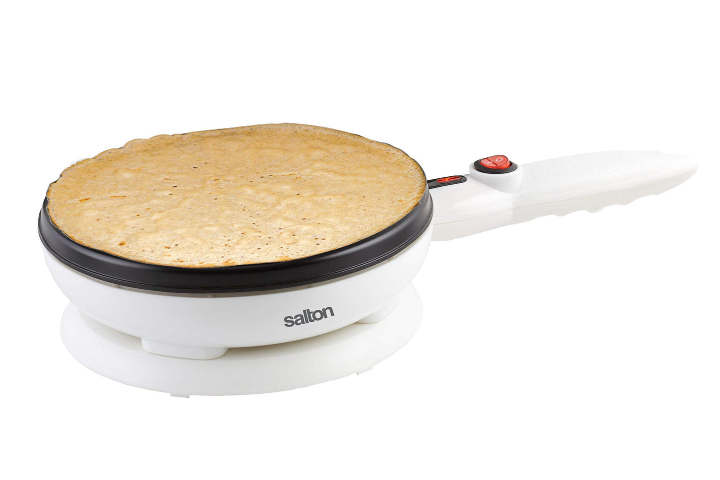 Salton Cordless Crepe & Tortilla Maker | Bonus Batter Dish & Spatula | Non-Stick Surface | Automatic Temperature Control | Makes 7.5” Crepes & Tortillas | 800W | White | 100% Canadian-owned & operated