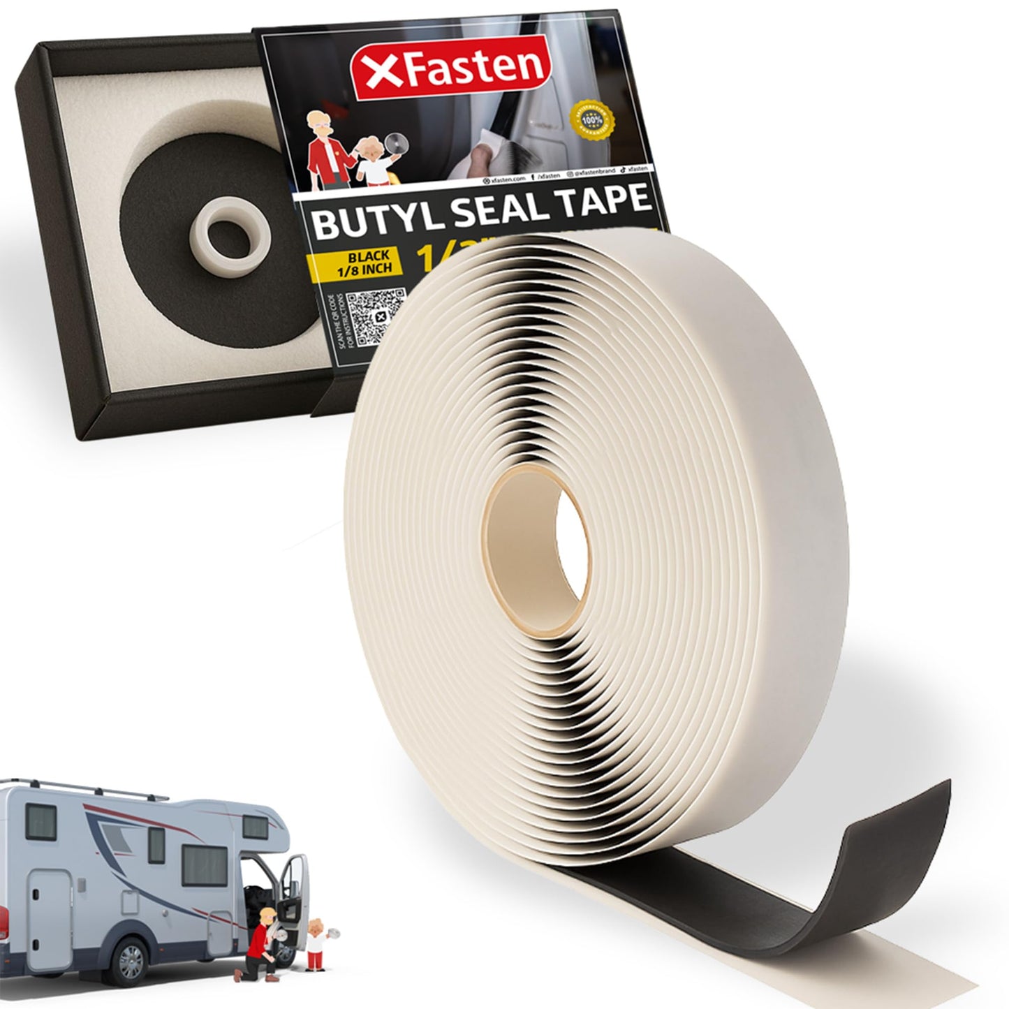 XFasten Butyl Tape Black, 3/4 in x 45 ft x 1/8 in – Easy-to-Work-with Automotive Butyl Sealant Tape, Mess-Free Rubber Caulk for RV, EPDM Putty for Window, Headlight, Roof, Windshield, and Car Doors