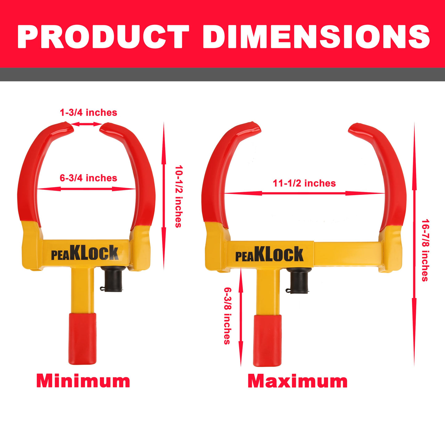 PEAKLOCK Universal Heavy-Duty Wheel Lock – Bright Red-Yellow Anti-Theft Security Clamp Tire Lock for Cars, SUVs, Campers, Motorcycles, and Trailers, Includes 3 Keys