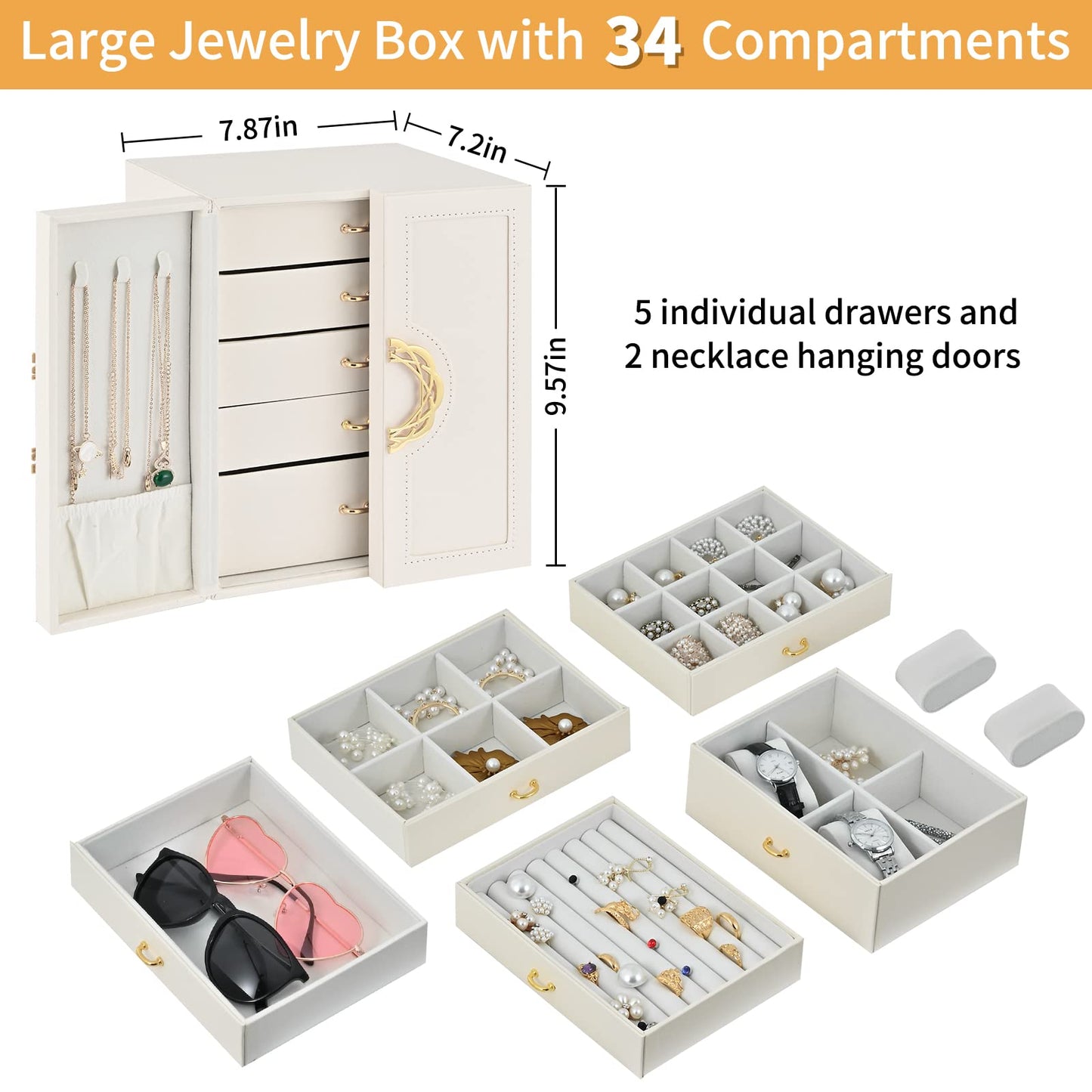 Large Jewelry Box for Women Girls,5-Layer Jewelry Organizer Box,PU Leather Jewelry Display Storage Case,jewellery Holder for Earring Necklace Bracelets Rings Watches(Off White)
