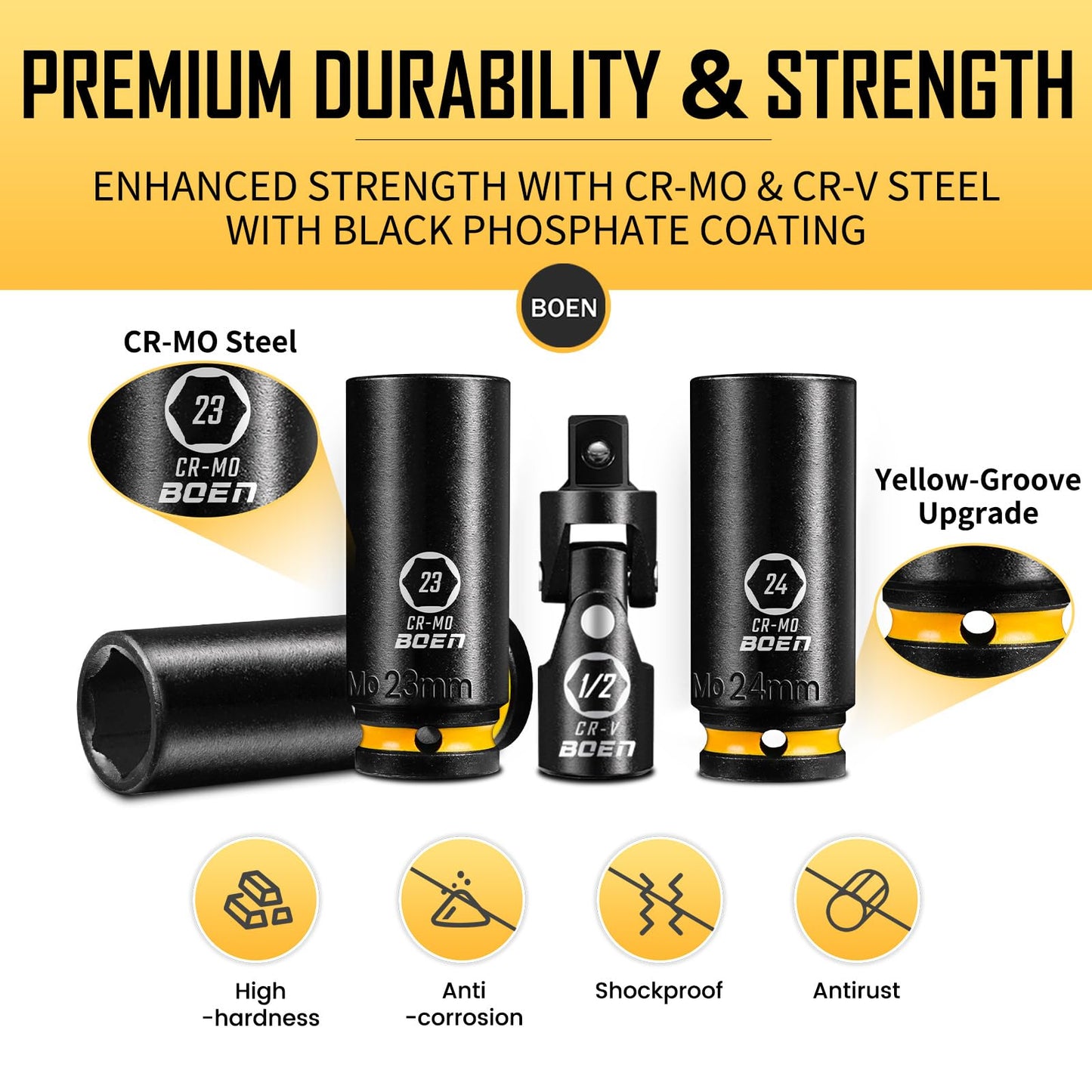 BOEN Pro 1/2" Drive Metric Deep Impact Socket Set, 21-Piece CR-MO &CR-V Steel, Upgraded Torque & Durability, 10mm-24mm, Includes Extension Bars, Universal Joint, Adapter – Meets ANSI